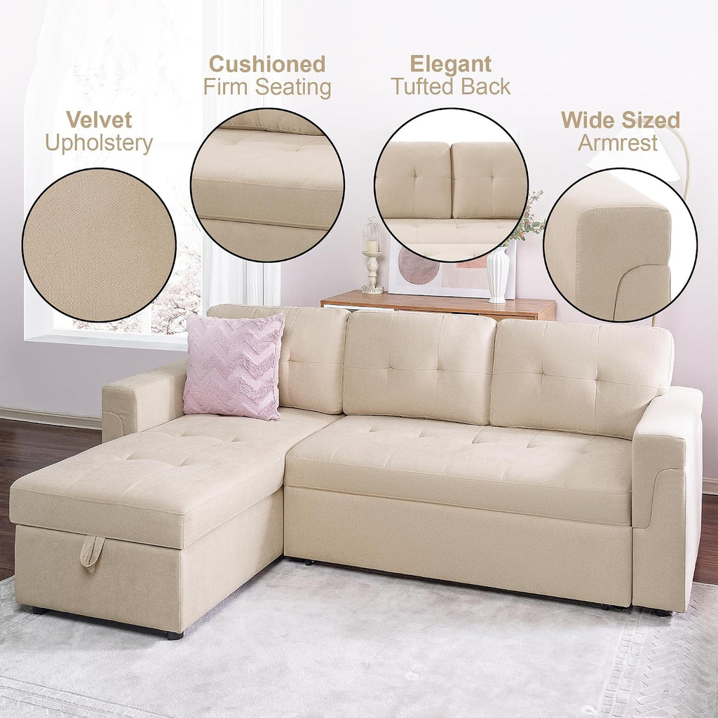Naomi Home L Shaped Sectional Couch with Storage & Pull Out Bed – 3-in-1 Convertible Sleeper Sofa Bed, Small L Shape Sofa for Living Room, Sofa Bed with Storage Chaise in Beige, Velvet
