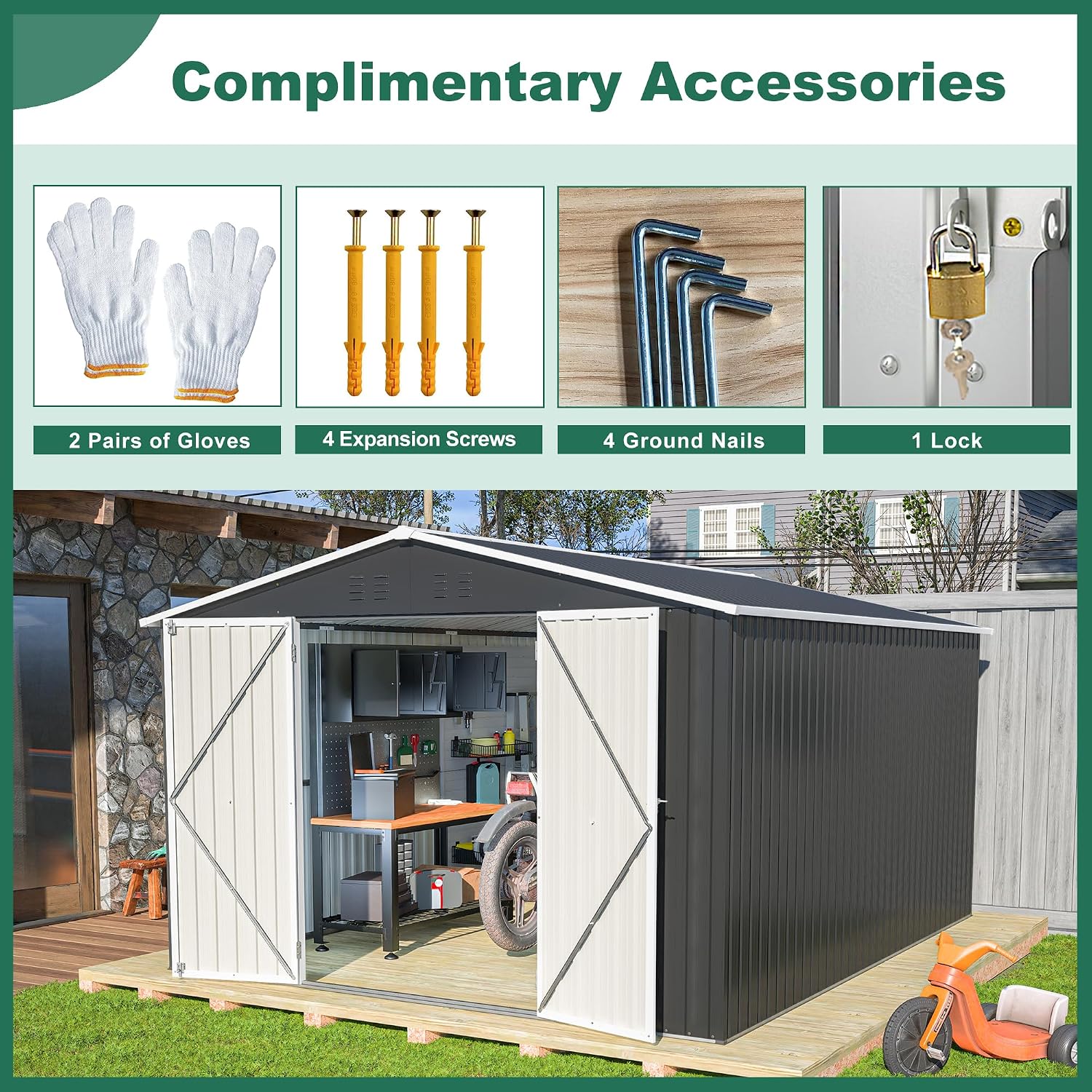 YOPTO 10x12 FT Outdoor Storage Shed,Utility Metal Tool Storage with Lockable Doors and Waterproof Roof, Large Garden Shed for Backyard, Patio Lawn, Black