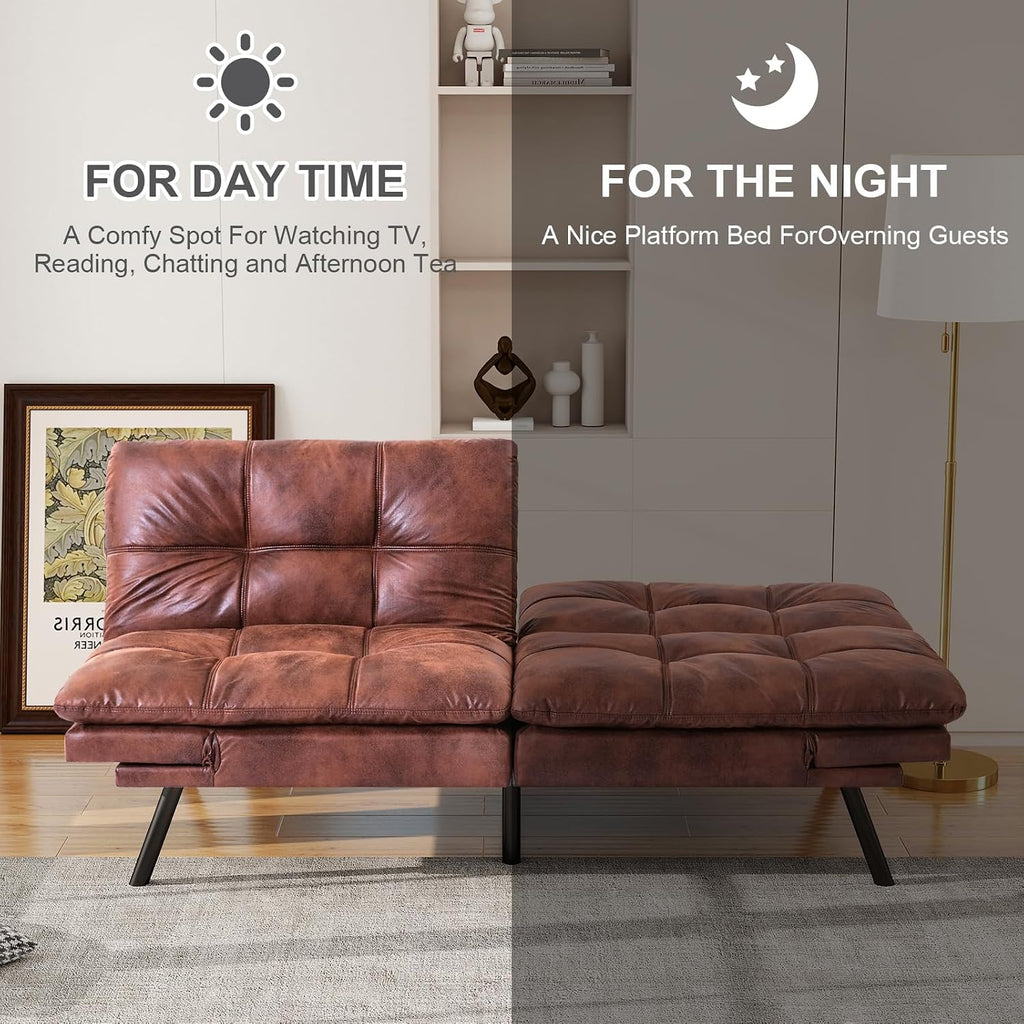 Opoiar Futon Sofa Bed Modern, Memory Foam Futon, Sofa Bed Couch Sleeper, Convertible Futon Couch, Christmas Memory Foam Couch Convertible Loveseat for Living Room, Apartment, Studio, Brown (267PU-CH)