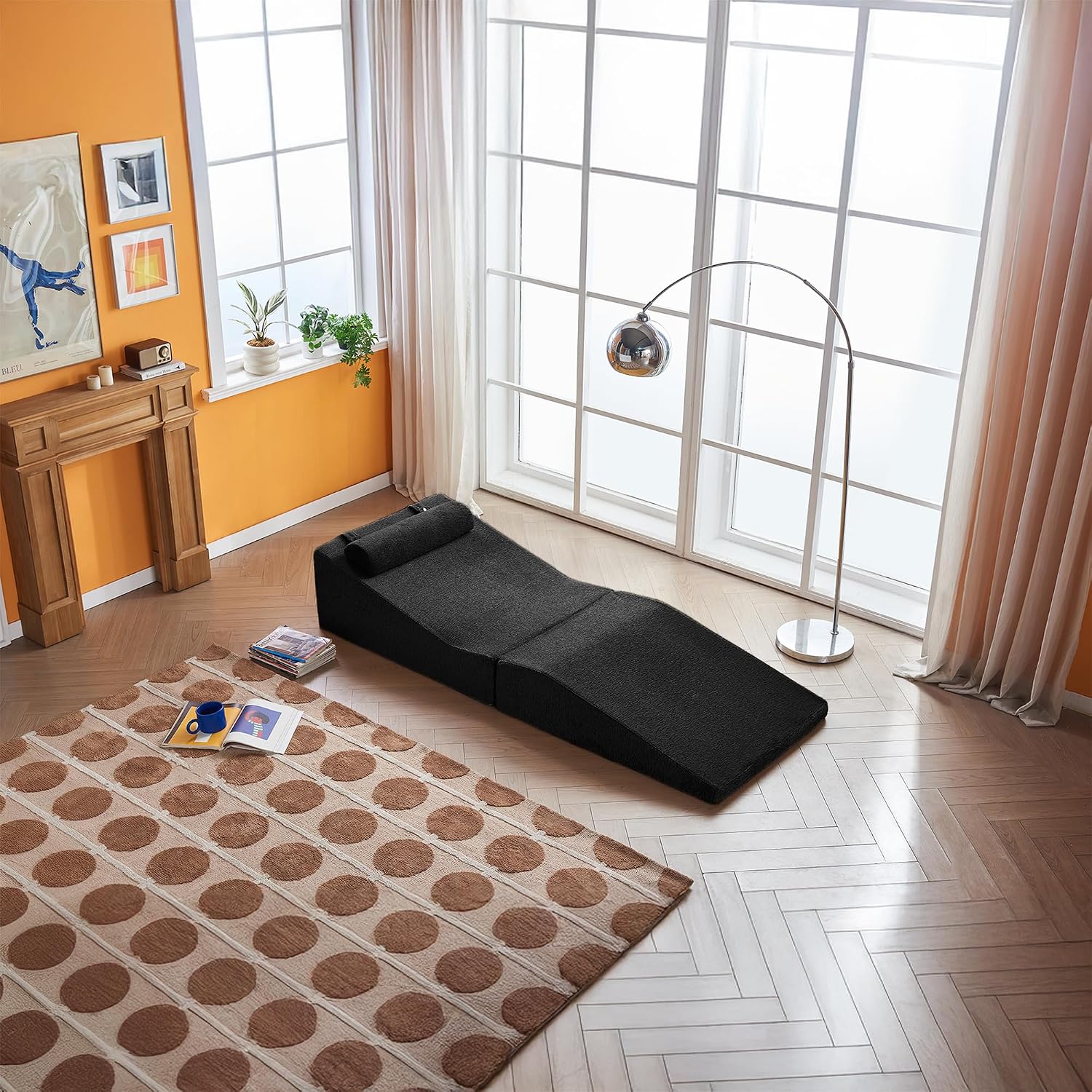 GDFStudio Rue Velvet Foldable Sofa Bed, Convertible Sleeper Chair with Pillow, Foldable Mattress with Back Support, Portable Lounge Sofa for Living Room/Bedroom, No Assembly Needed, Black