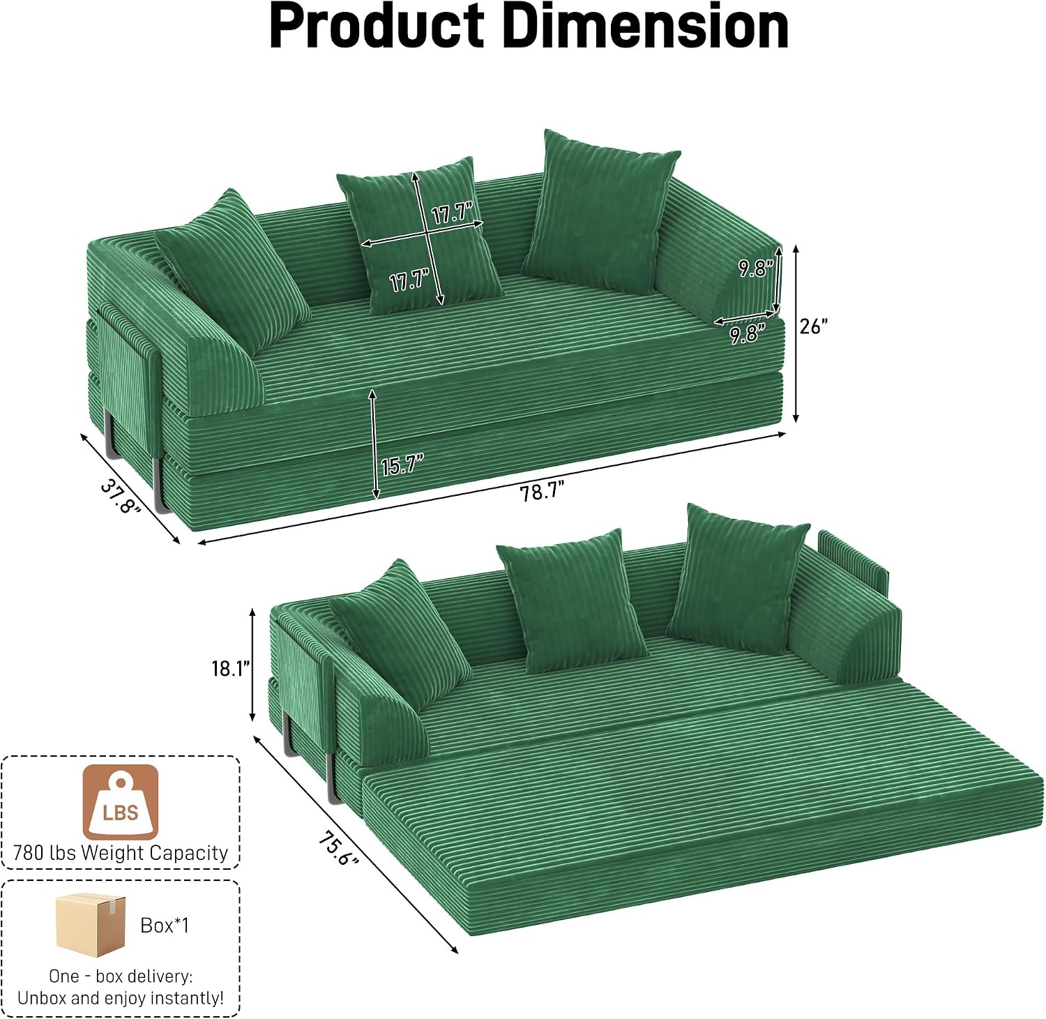 XVD 79' Boneless Sleeper Sofa Bed, Convertible Futon Couch with Pillows and Storage Pocket, Pull Out Compressed Sofa for Living Guest Room Bedroom, Green