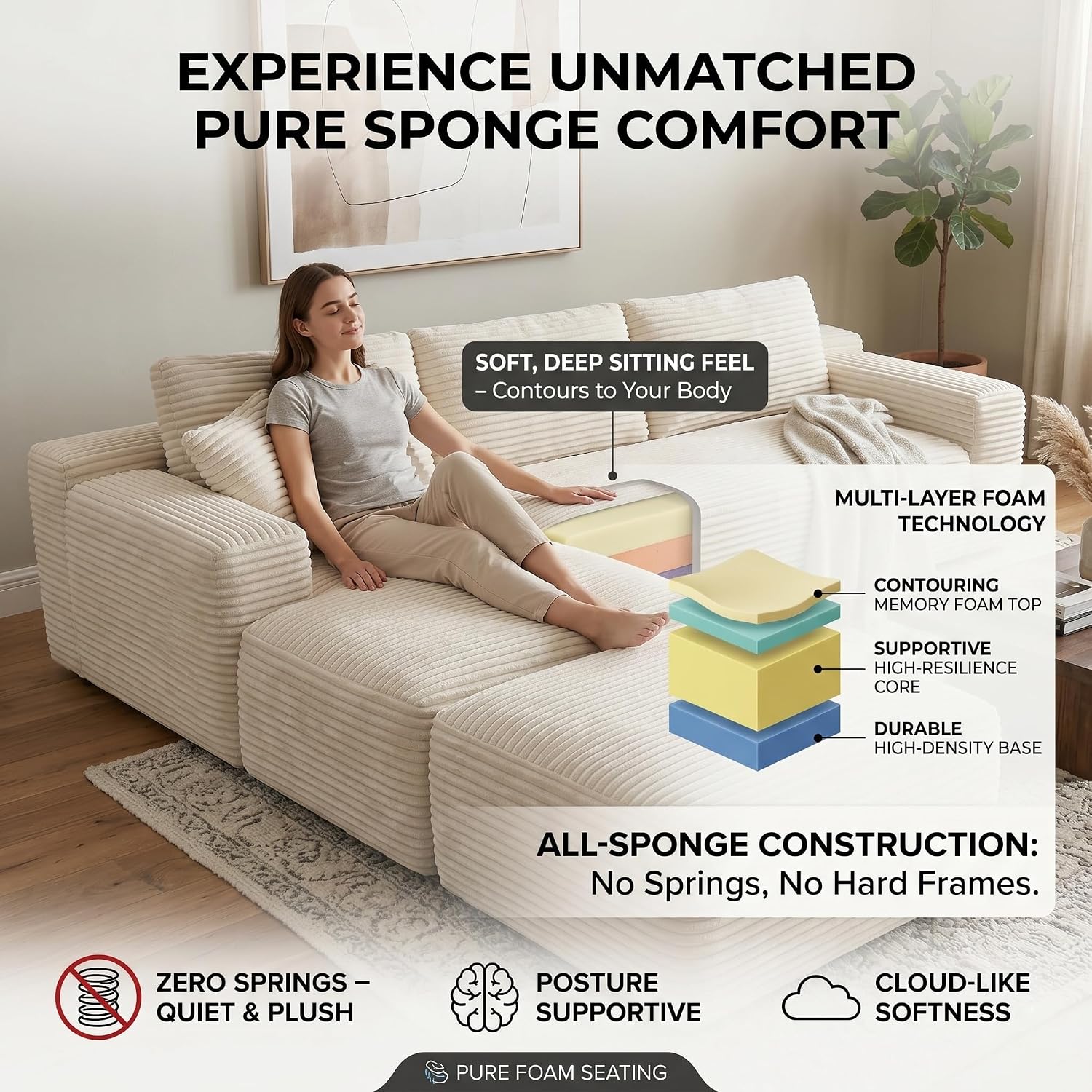 Modern Modular Sectional Sofa, Luxury Cloud Couch, Corduroy Fabric L Shaped Deep Seat Sofa in a Box, Oversized Memory Foam Boneless Couch, Plush Fuzzy Double-Layer Cushion No Assembly
