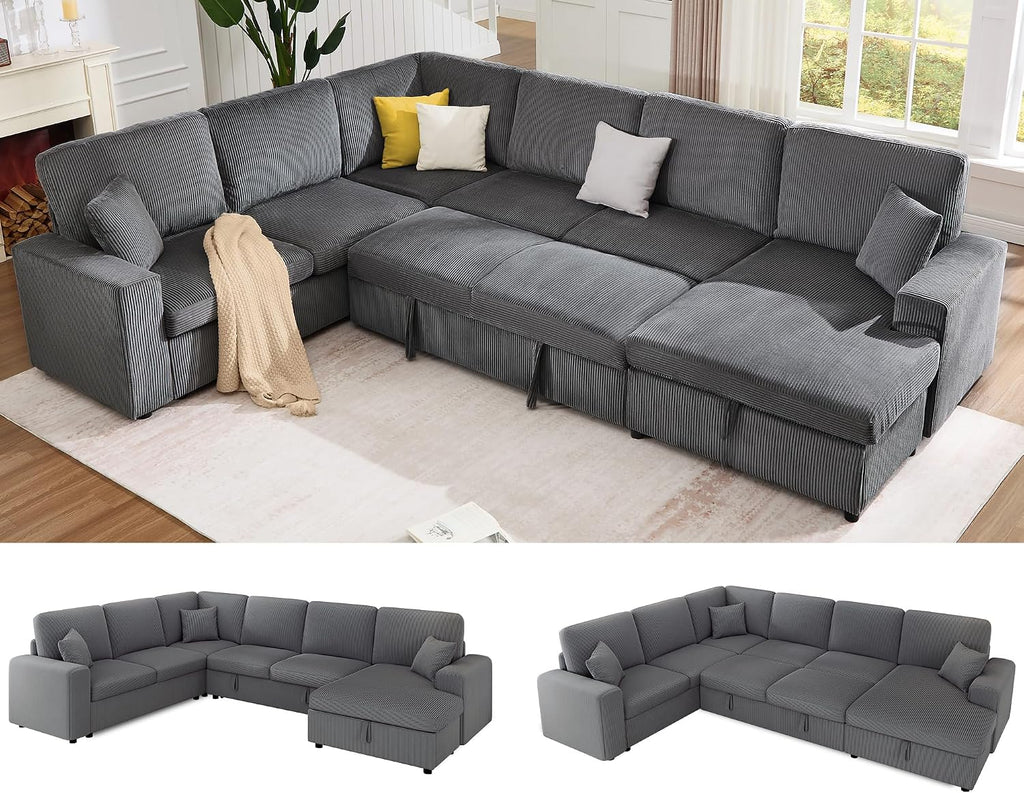 Jocisland 130' Sofa Bed, Sleeper Sofa, Pull Out Sleeper Couch with Storage, Convertible 6-Seater Sofa Bed for Living Room, Corduroy Grey