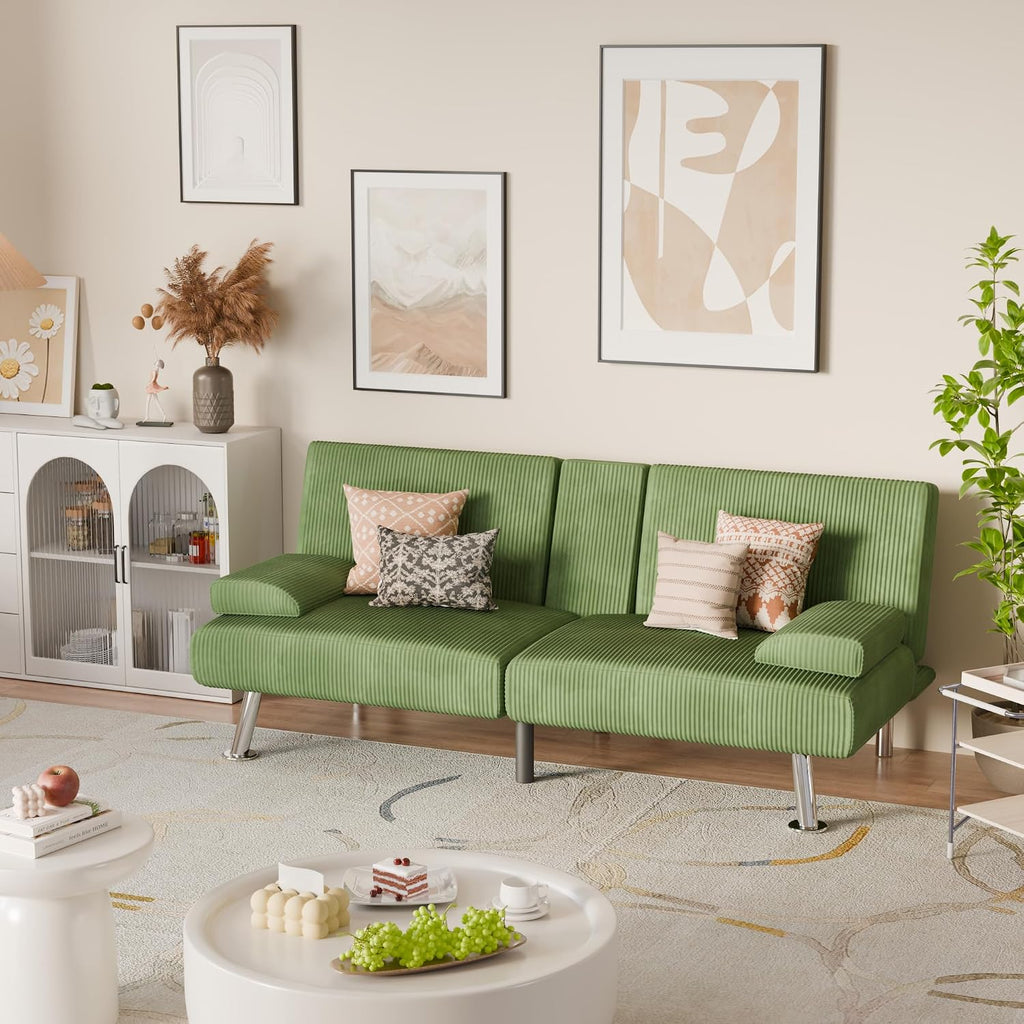 YESHOMY Futon Sofa Bed, Futon Couch with Adjustable Backrest, Convertible Sleeper Sofa with Removable Armrests, Loveseat in Corduroy with 2 Cup Holders for Living Room, Apartment (Green)