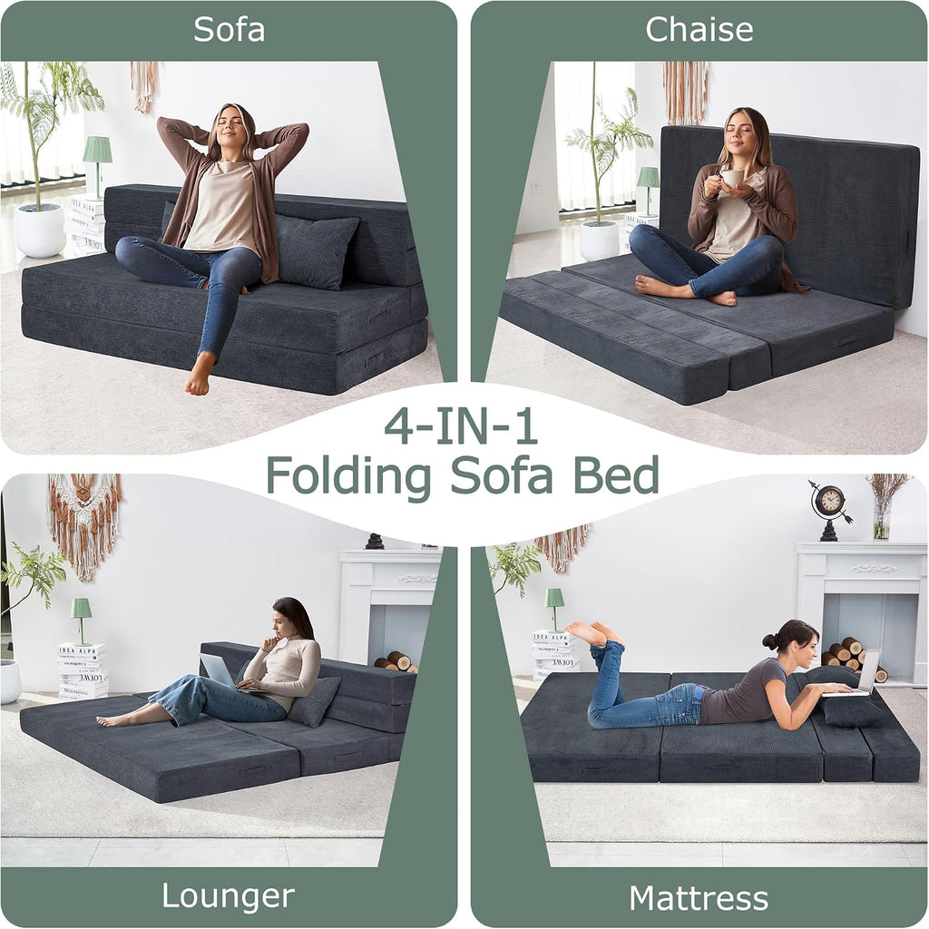 Folding Sofa Bed, 4 in 1 Convertible Sleeper Chair with Pillow, Queen Memory Foam Fold Out Chair Bed, Modern Floor Futon Sofa Couch Mattress for Living Room/Guest/Apartment, Dark Grey