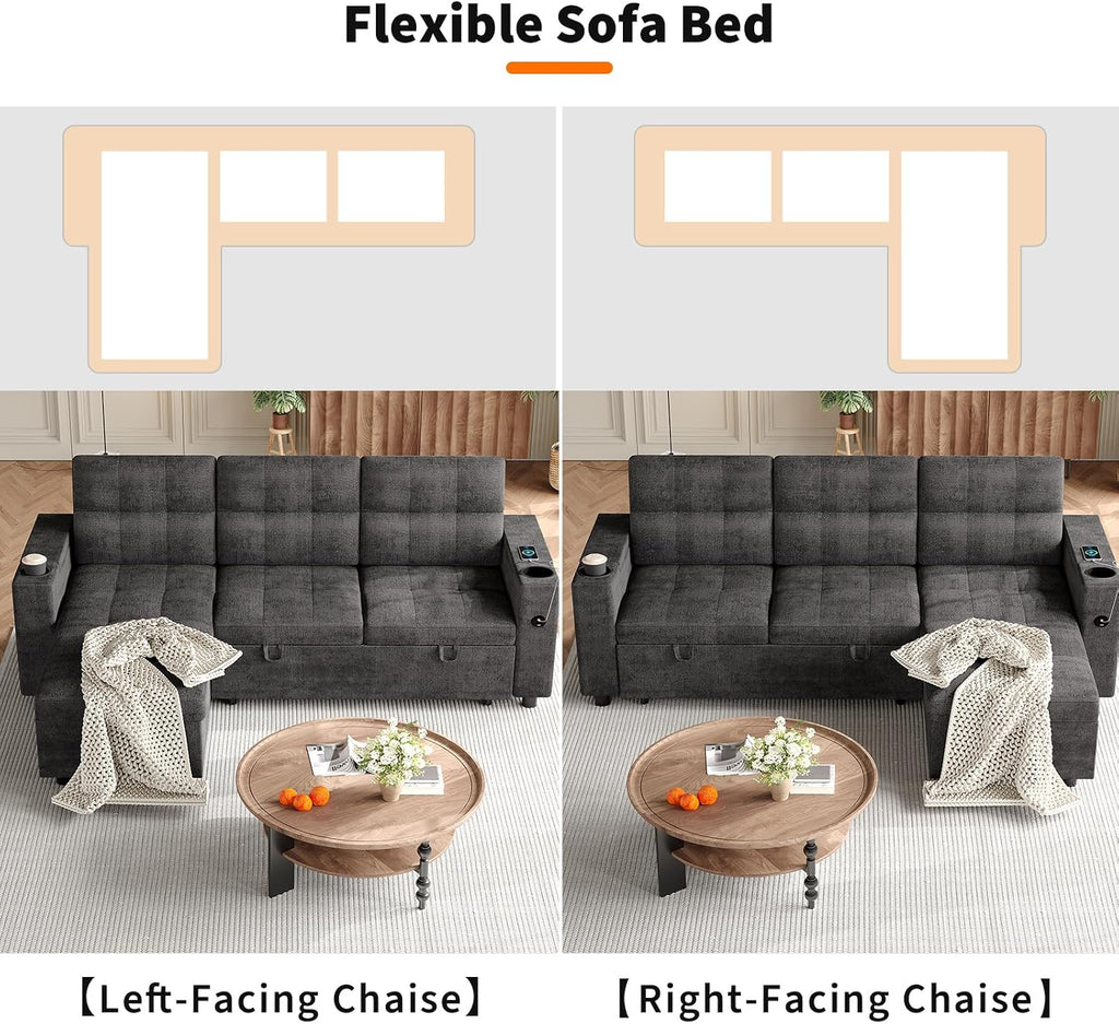 IDEALHOUSE Couches for Living Room, 84'' Sofa Bed，l-Shaped Sectional Sleeper Sofa with Pull Out Bed，Reversible Storage Chaises， Hidden Storage Armrests，Cup Holders & USB Charging Ports