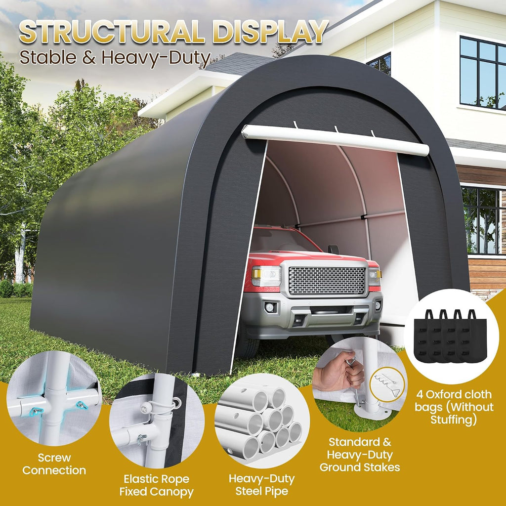 Kiss the Water Domed Carport with 4 Cloth Bags, Portable Garage with 2 Roll-up Doors, Heavy Duty Car Canopy Party Tent, All-Season Storage Shelter Shed for Cars, Truck, or Garden Tools, 10' x 20'
