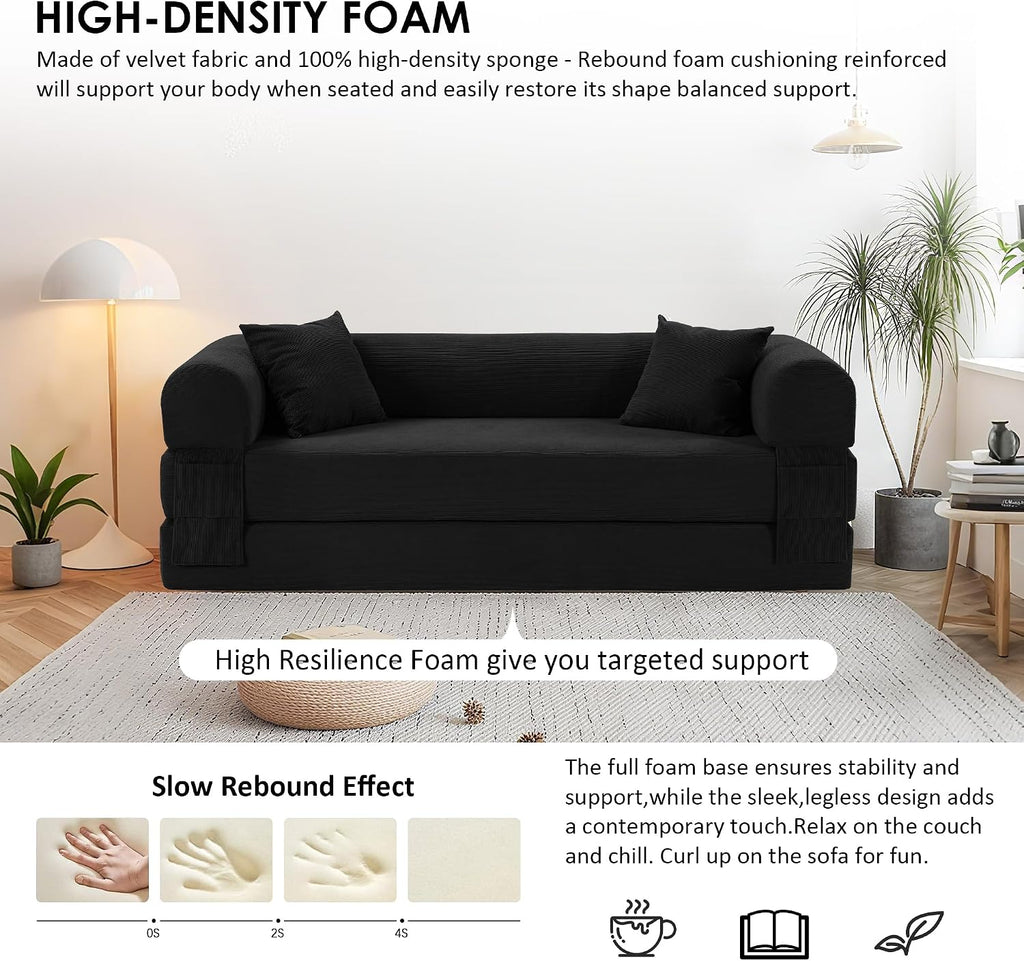 80' Convertible Sofa Bed, 3-in-1 Corduroy Folding Pull Out Couch with Pillows, No Assembly Modern Boneless Couch Compression Sofa in Box, Floor Sofa with Side Storage for Living Room,Black