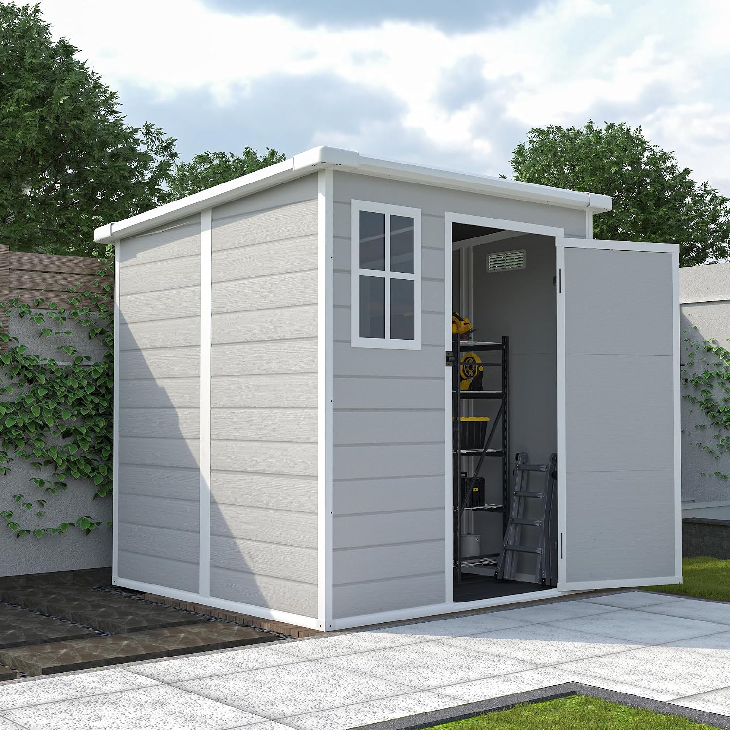 YOPTO 6x6 FT Resin Outdoor Storage Shed with Floor, All-Weather Plastic Shed with Lockable Doors, Window & Vents, Utility Plastic Tool Shed Storage House for Backyard, Patio, Light Grey