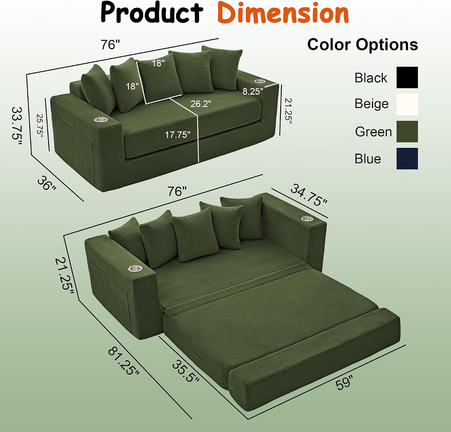 76' Convertible Sofa Bed, 2-in-1 Boneless Sleeper Sofa with Cup Holder & Pocket, Corduroy Pull Out Couch with 5 Pillows, Couch Bed for Living Room, Small Spaces, Bedroom, No Assembly