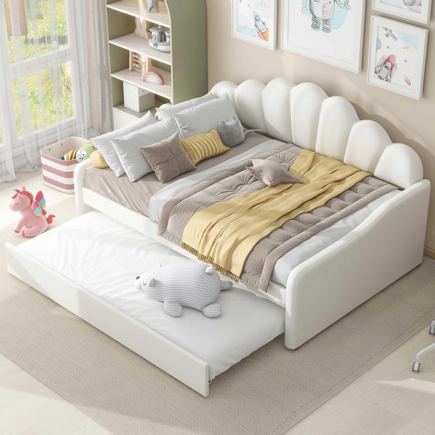 Bellemave Full Size daybed with Trundle, Sofa Bed, daybed with Trundle for Adults, Kids, Girls, Teens, Trundle Bed for Living Room, Velvet, Beige(Mattress not Included)