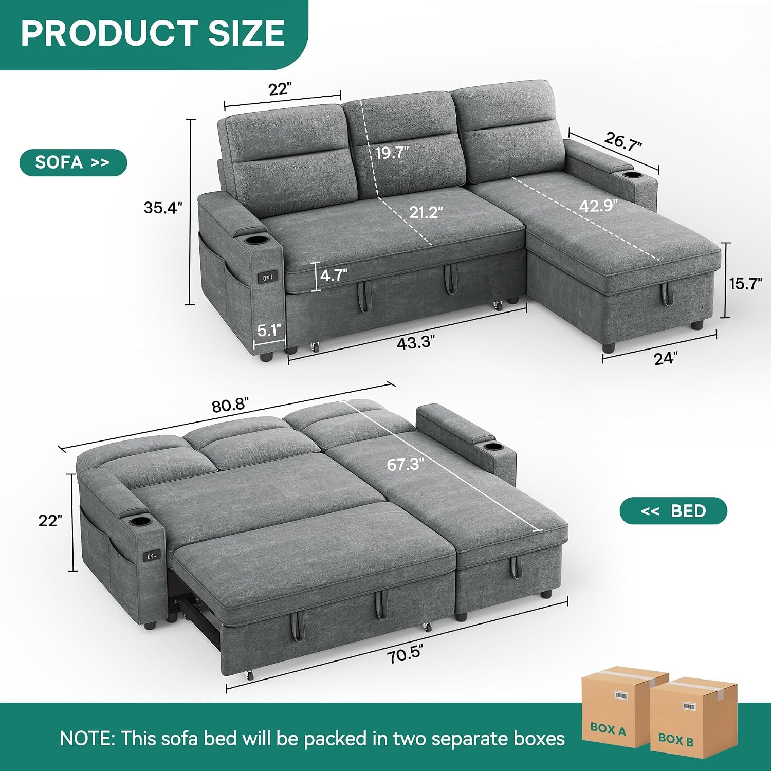 YITAHOME Sectional Sleeper Sofa with Pull Out Couch Bed, 81' Convertible Sleeper Sofa with Adjustable Backrest, Sofa Bed Sleeper Couch with Armrest & USB Port, Grey
