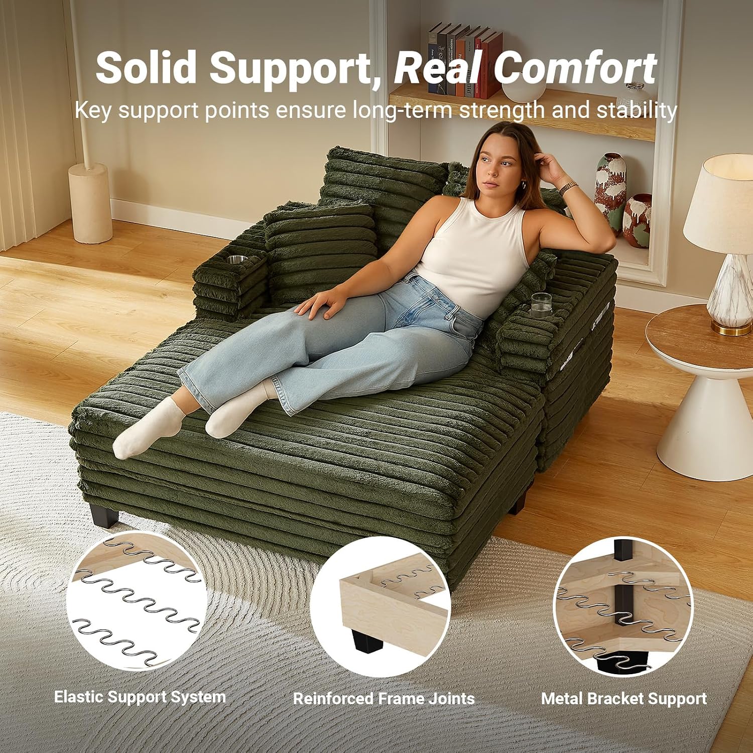 Amsleekey 64' Chaise Lounge Chair Indoor, Oversized Sleeper Chair with Wood Frame, Upholstered Sofa Bed for Living Room, Movie Room, Bedroom with 4 Storage Pockets&2 Cup Holders(Plush Corduroy, Green)