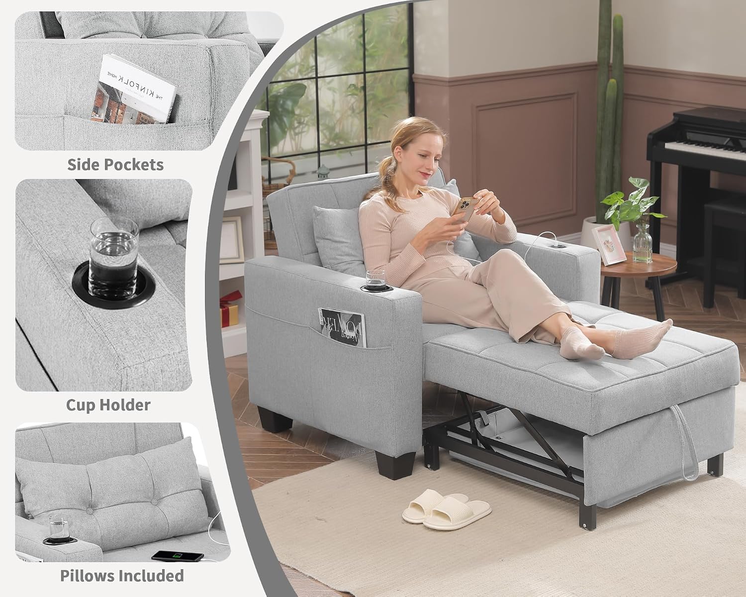 DURASPACE Pull Out Sofa Bed 3-in-1 Convertible Sofa Sleeper Chair Bed with USB, Cup Holder, Adjustable Armchair Beds for Small Spaces, Apartment, Living Room, Office (Light Gray Linen)