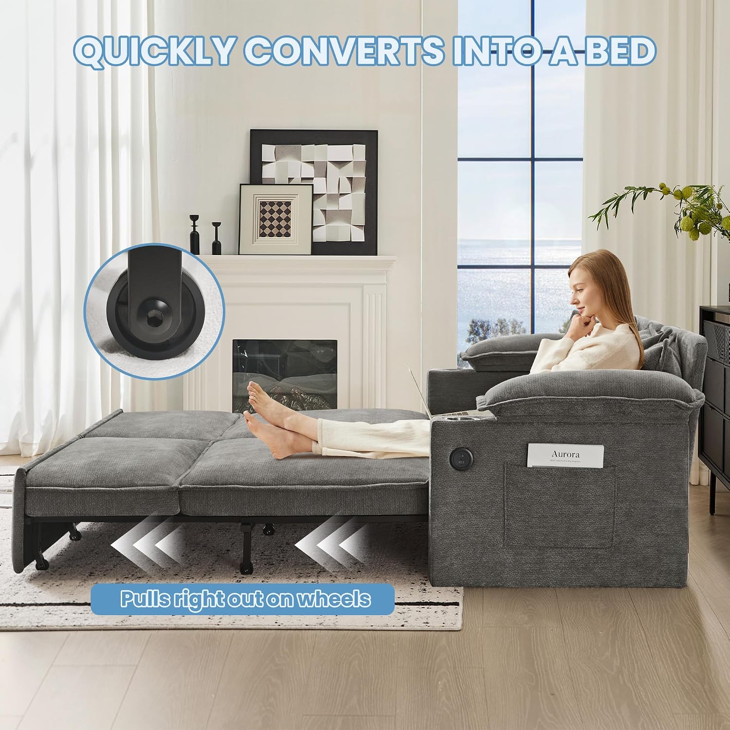 83' King Size Pull Out Sofa Bed, 4-in-1 Convertible Sleeper Sofa Bed with USB Ports, Cup Holders, Side Pockets, Corduroy Oversized Loveseat Chaise Lounge for Living Room, Small Space (Light Gray)