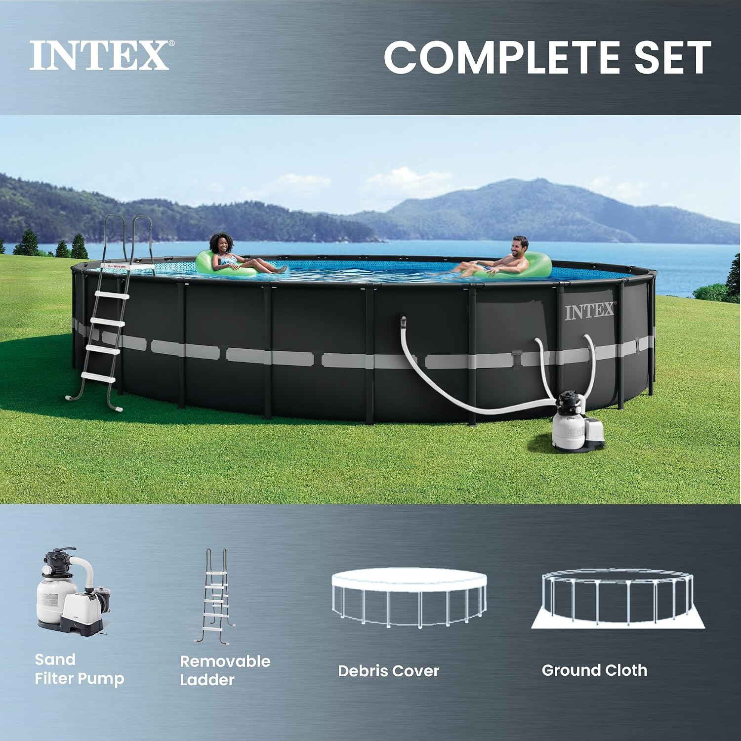 INTEX 26345VM Ultra XTR 26ft x 52in Above Ground Swimming Pool Set with Sand Filter Pump, Inflatable Lounge Pool Recliners (2-Pack) and Inflatable Beverage Cooler