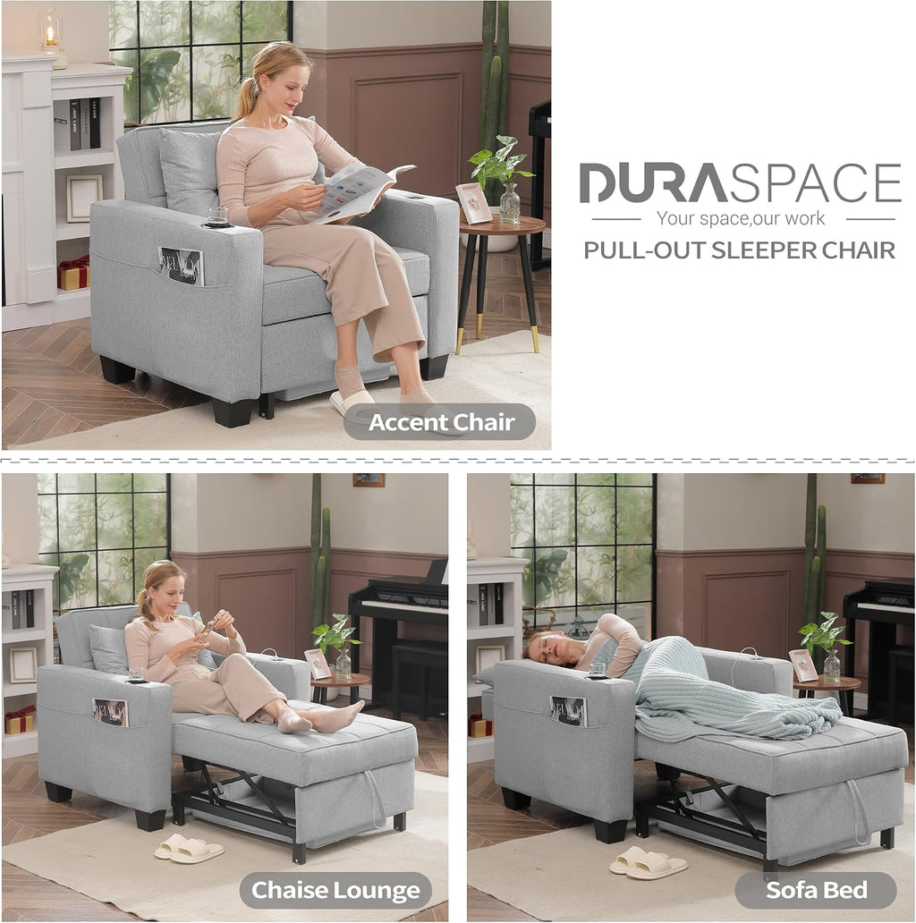 DURASPACE Pull Out Sofa Bed 3-in-1 Convertible Sofa Sleeper Chair Bed with USB, Cup Holder, Adjustable Armchair Beds for Small Spaces, Apartment, Living Room, Office (Light Gray Linen)