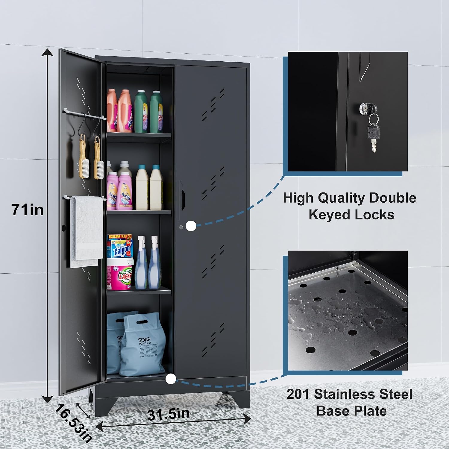 Metal Storage Cabinet, Large Tool Cabinets with Lockable Doors, 71' Kitchen Pantry, Tall Garage Storage with Hanging Rod. Utility Closet for Office, Garage, Laundry Room