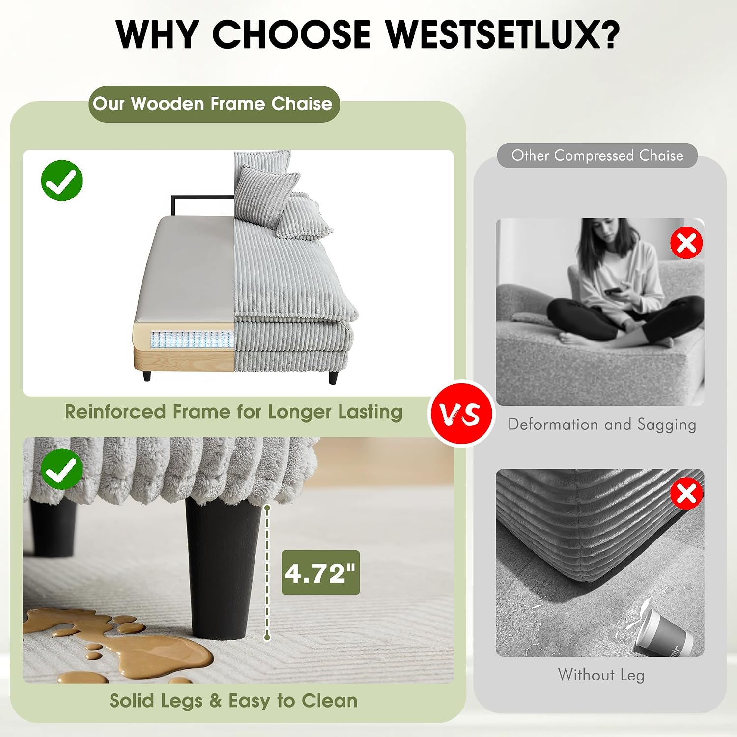 WESTSETLUX 54.8' W Oversized Chaise Lounge Chair Indoor with 5-Position Adjustable Backrest, Corduroy Sleeper Sofa Bed with 3 Pillows, Modern Cloud Couch Chair for Living Room, Bedroom, Grey