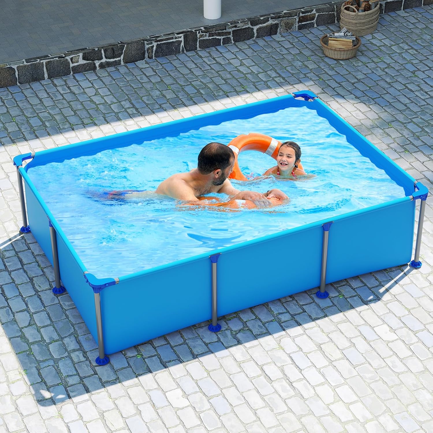 Goplus Above Ground Swimming Pool, 8.5'x6'x26'' Metal Frame Pool Set w/PVC Fabric, 3 Stoppers, Drainage Valve Connector, for Outdoor, Backyard, Garden, Patio (8.5' x 6' Rectangle, 690 Gal, Blue)