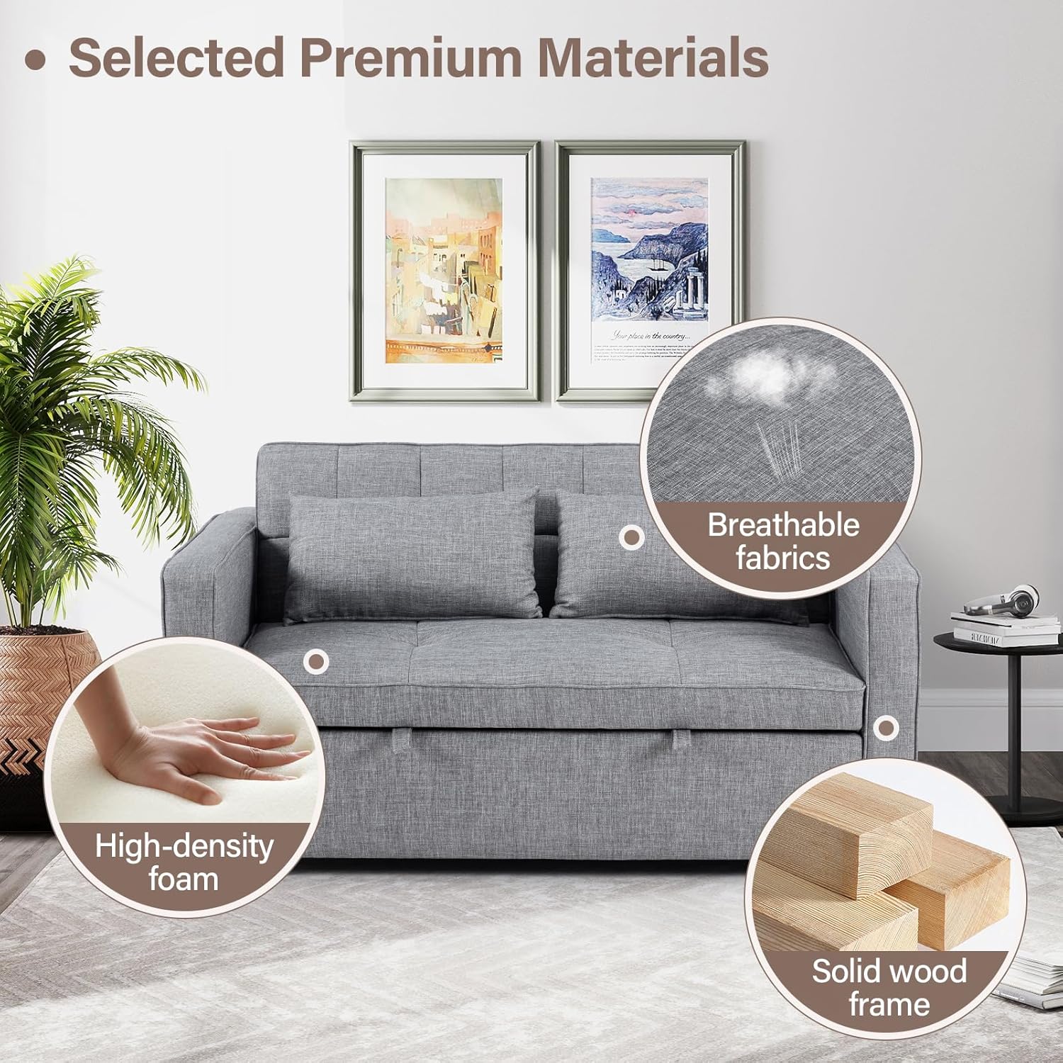 HAOMARKETS 3 in 1 Convertible Sleeper Sofa Bed, Loveseat Chaise Lounge with Pullout Bed, 2-Seater Futon Couches with Storage Pockets, 3-Level Adjustable Backrest and Pillows for Living Room, Grey