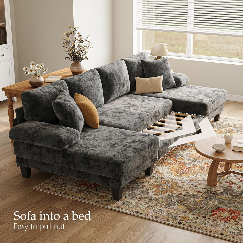 Txtin's Sleeper Sofa with Pull Out Couch Bed | 112 Inch Couches for Living Room | U-Shaped Convertible Sofa Bed | Chenille Dark Grey