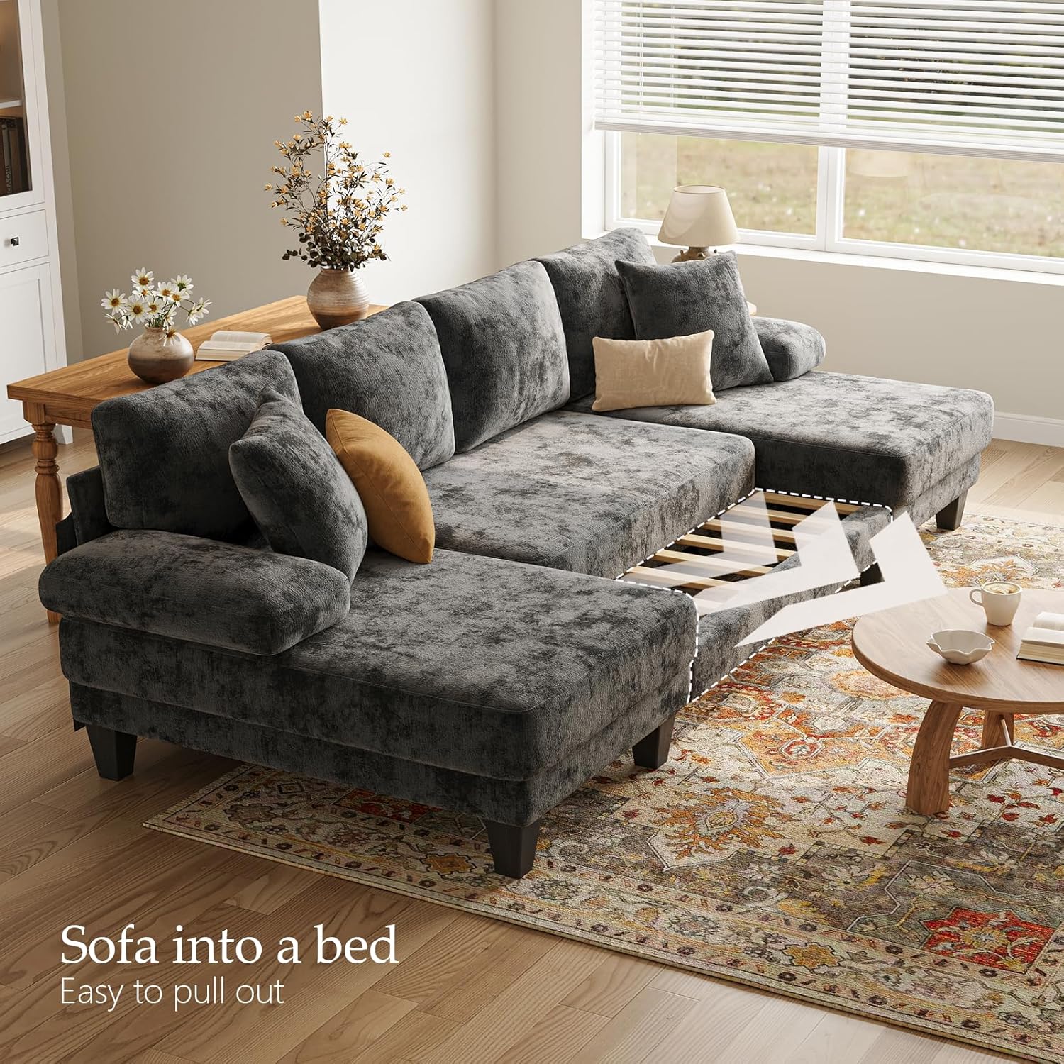 Txtin's Sleeper Sofa with Pull Out Couch Bed | 112 Inch Couches for Living Room | U-Shaped Convertible Sofa Bed | Chenille Dark Grey