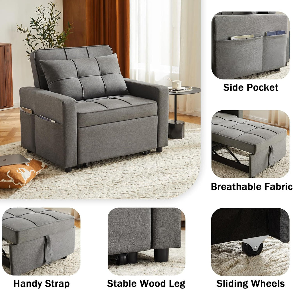Yosonch Sofa Bed Chair Convertible ，Sleeper Sofa with Pull-Out Bed ，3-in-1 Futon Couch with Reclining Backrest and Side Pocket (Dark Grey, 35.6')