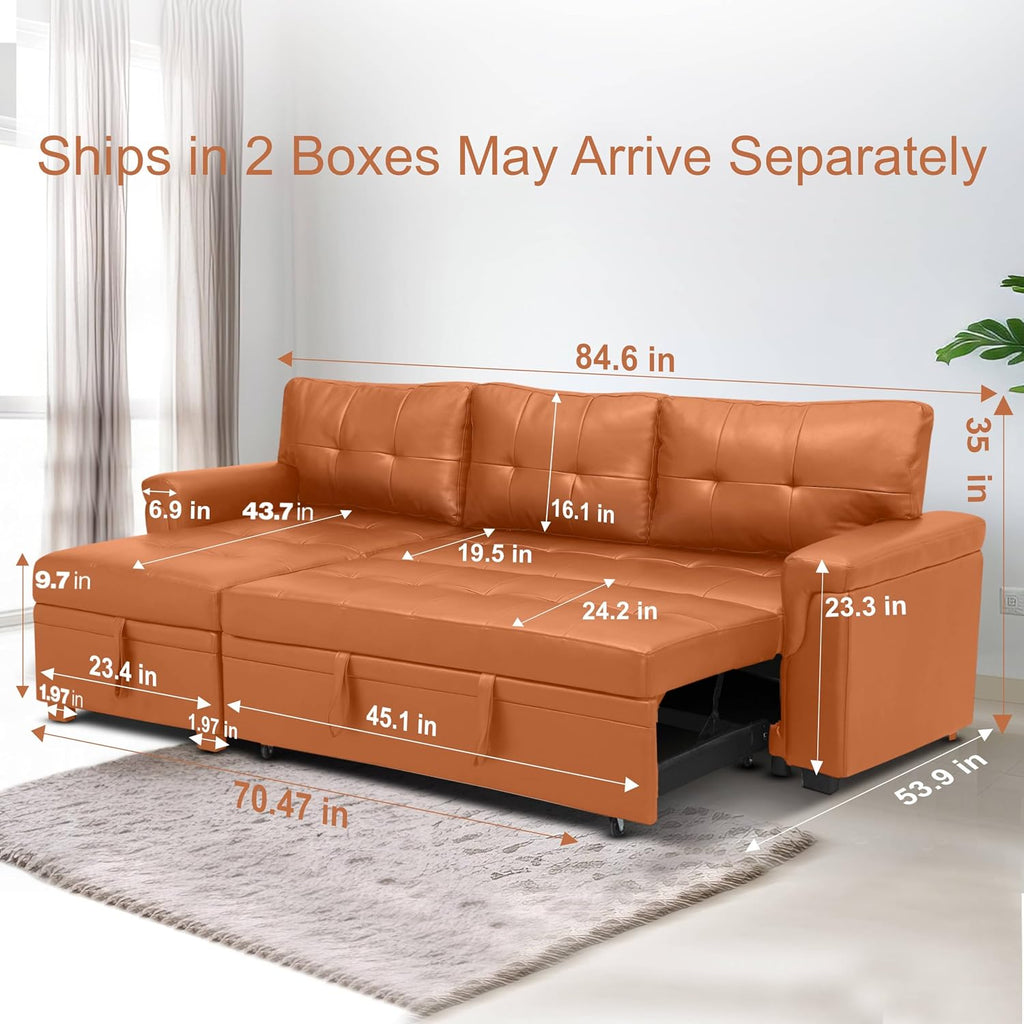 Naomi Home L Shaped Sectional Couch with Storage & Pull Out Bed – 3-in-1 Convertible Sleeper Sofa Bed, Small L Shape Sofa for Living Room, Sofa Bed with Storage Chaise in Caramel, Air Leather