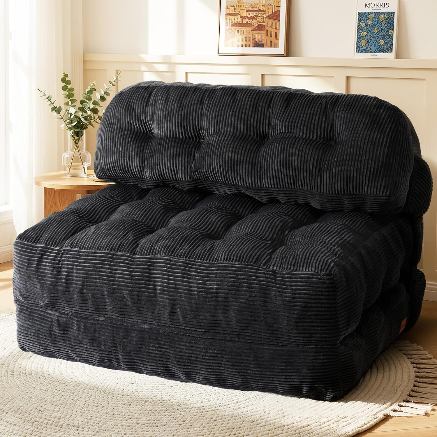 Folding Sofa Bed, Convertible Sleeper Chair with Back Support and Pillow Futon, Boneless Matress, for Living Room/Guest Use/Home Office, Foldable Chair Bed for Adults, Black, Full