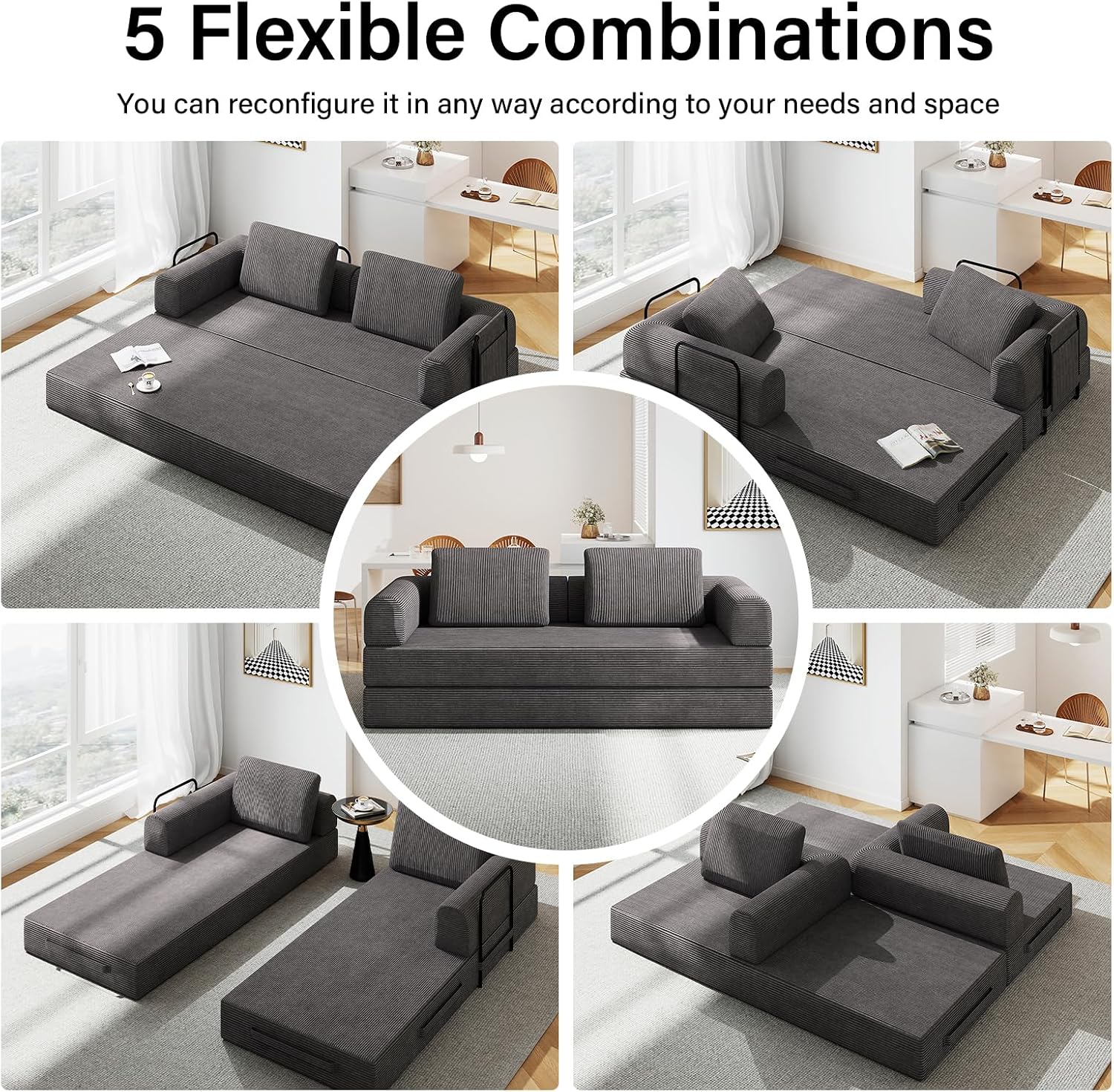 78'' Sleeper Couch Bed for Living Room, Convertible Modular Sofa with Fixed Frame and Side Pocket, Corduroy Futon Boneless Couches in a Box, No Assembly, Gray