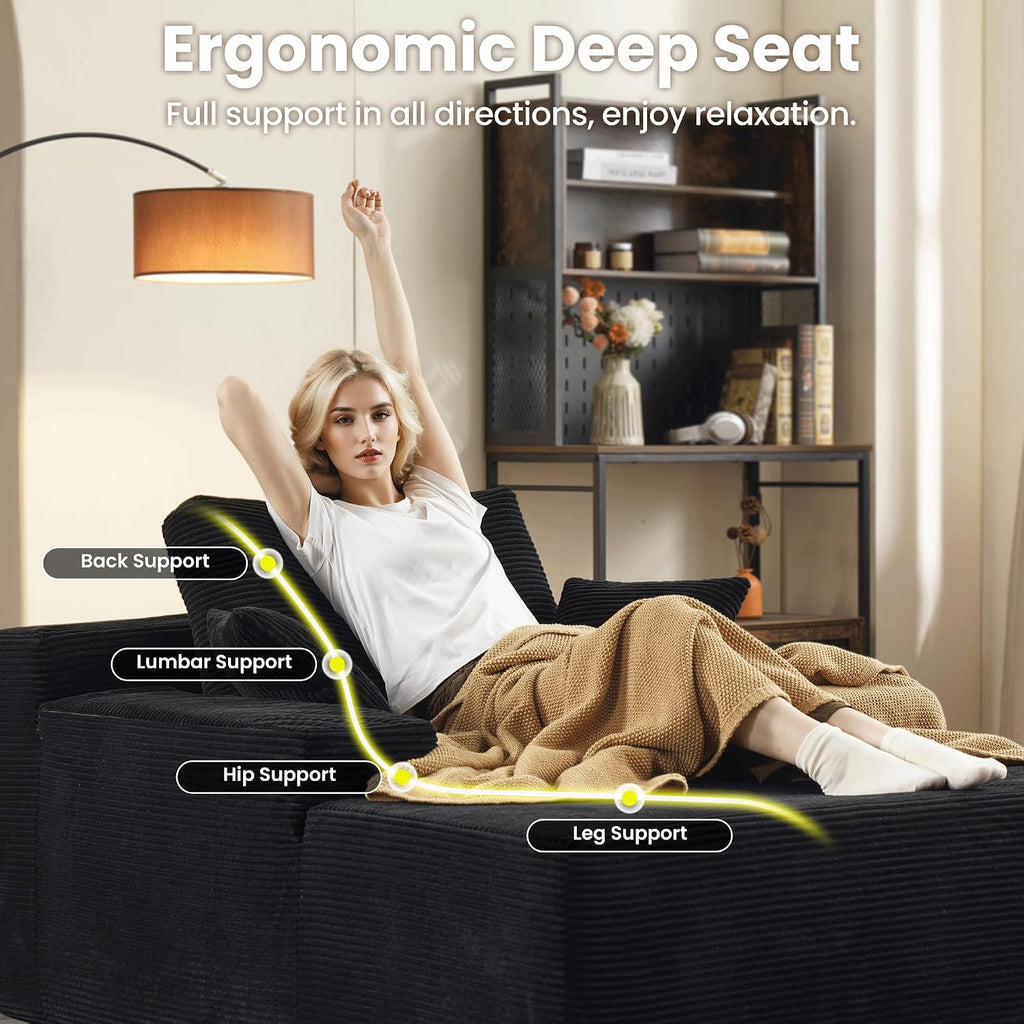 ovios 67'' Chaise Lounge Chair Indoor, Oversized Upholstered Boneless Sofa Bed, Deep Seat Sleeper Couch, Plush Cloud Sofas Couches for Living Room, No Assembly Required (Corduroy, Black)
