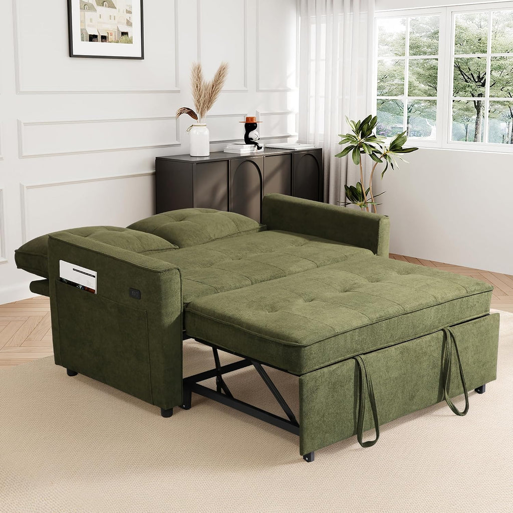 EJUNQ Pull Out Couch, Convertible Sofa Bed with USB and Reclining Backrest, Modern 3 in 1 Sleeper Sofa Couch Bed with Side Pockets, Comfortable Loveseat Sleeper for Small Spaces.(Green)
