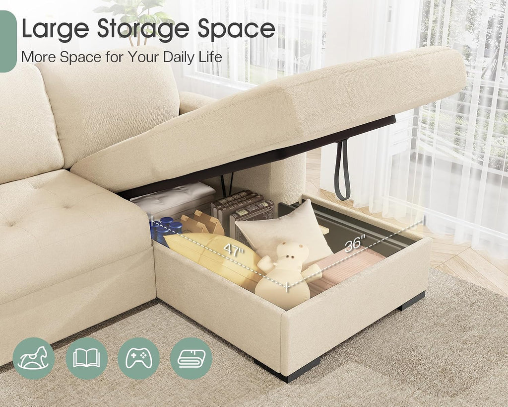 VanAcc 96' Sofa Bed Couch with Storage Chaise, Convertible Sleeper Sofa, Sleeper Couch with Pull Out Bed for Living Room(Beige)