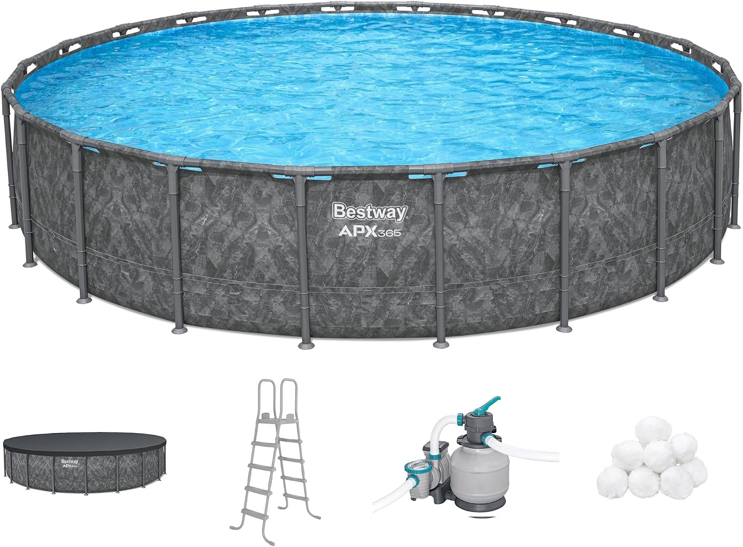 Bestway APX 365 22' x 52' Above Ground Pool, Round Metal Frame Outdoor Swimming Pool Set with Sand Filter Pump, Ladder, and Cover, Dark Marble