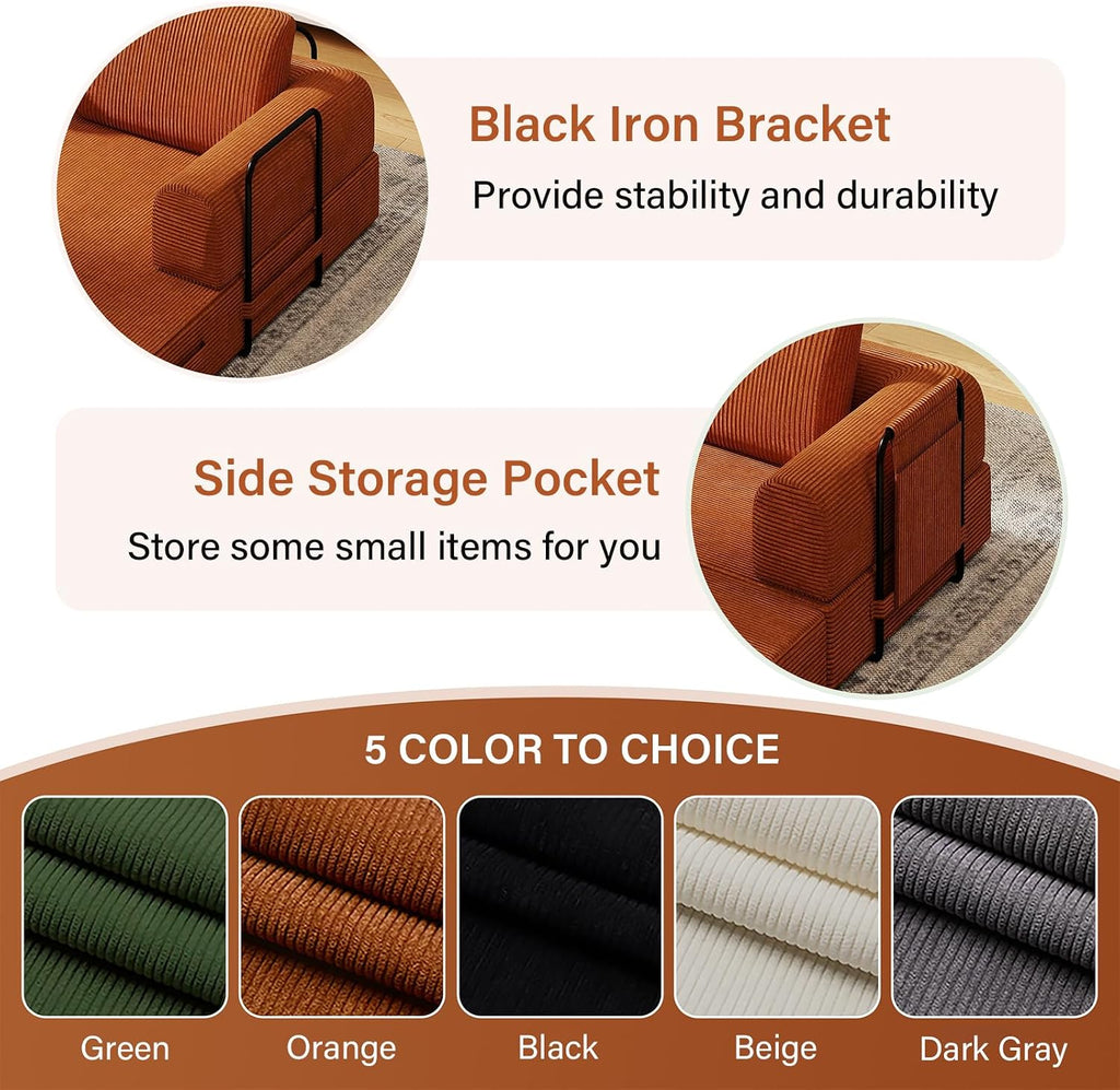 78'' Sleeper Couch Bed for Living Room, Convertible Modular Sofa with Fixed Frame and Side Pocket, Corduroy Futon Boneless Couches in a Box, No Assembly, Orange