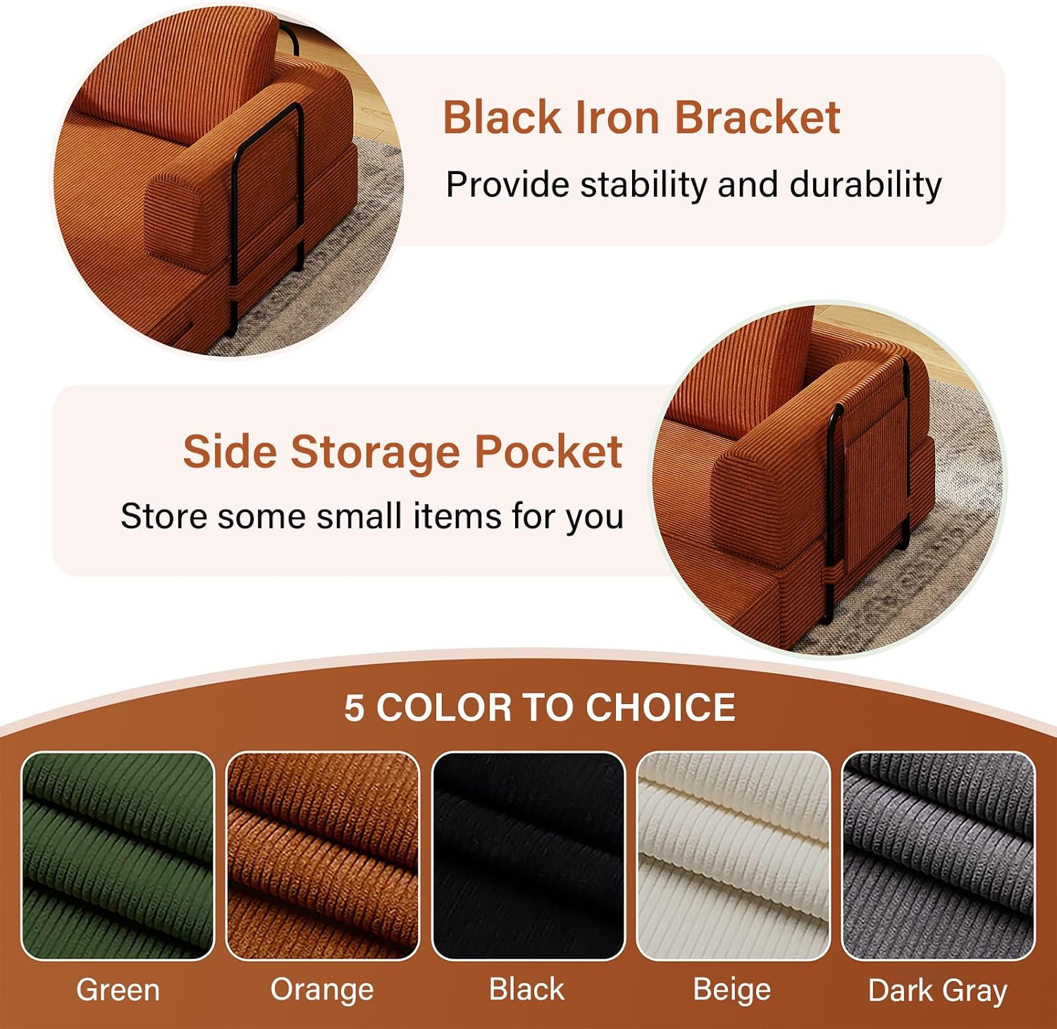 78'' Sleeper Couch Bed for Living Room, Convertible Modular Sofa with Fixed Frame and Side Pocket, Corduroy Futon Boneless Couches in a Box, No Assembly, Orange