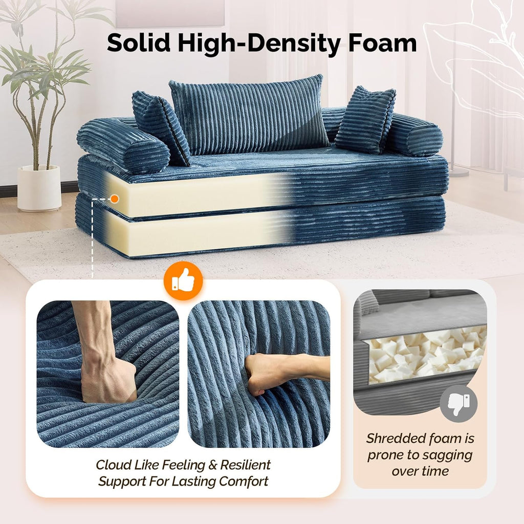 VINGLI Convertible Futon Sofa Bed, Upholstered Corduroy Boneless Couch King Size Floor Loveseat Sleeper Sofa with 2-in-1 Throw Pillow & Blanket Couches for Living Room, Bedroom, Lounge, Navy Blue
