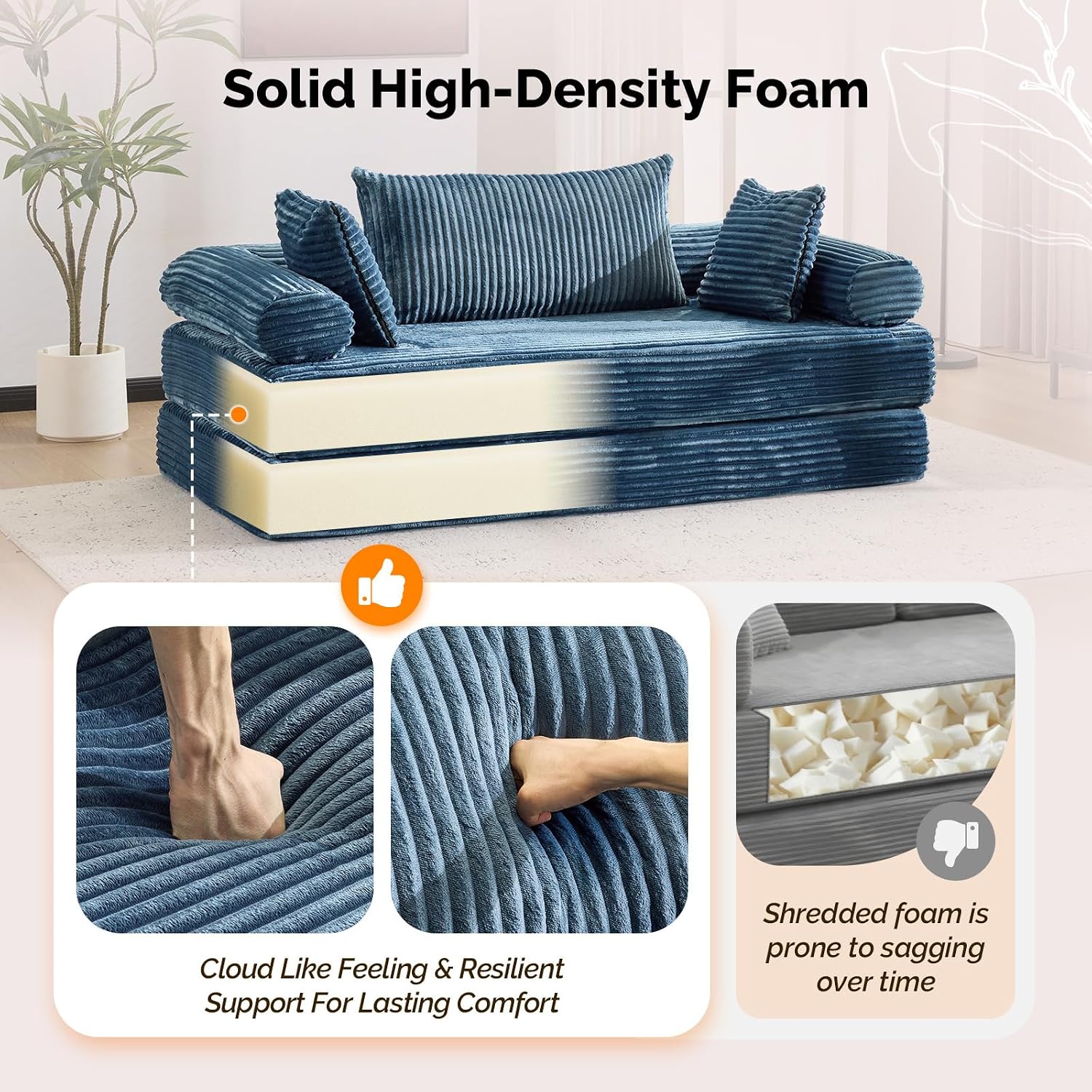 VINGLI Convertible Futon Sofa Bed, Upholstered Corduroy Boneless Couch King Size Floor Loveseat Sleeper Sofa with 2-in-1 Throw Pillow & Blanket Couches for Living Room, Bedroom, Lounge, Navy Blue