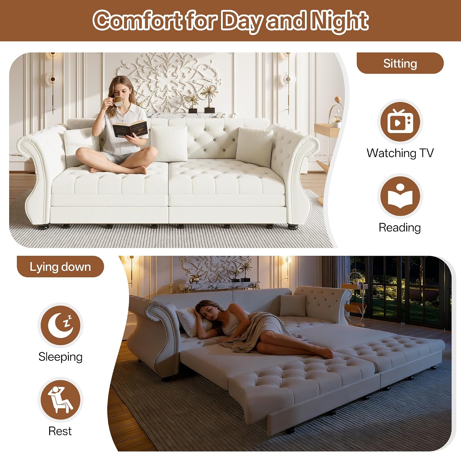 97.6' Oversized Pull Out Sofa Bed, Chesterfield Velvet Sleeper Sofa Couch with Roll Arm & Flower Tufting, Heavy Duty Metal Frame Convertible Sofa for Living Room, Apartment, Guest Room, Beige | Pull Out, Roll Arm, Flower Tufting, Convertible
