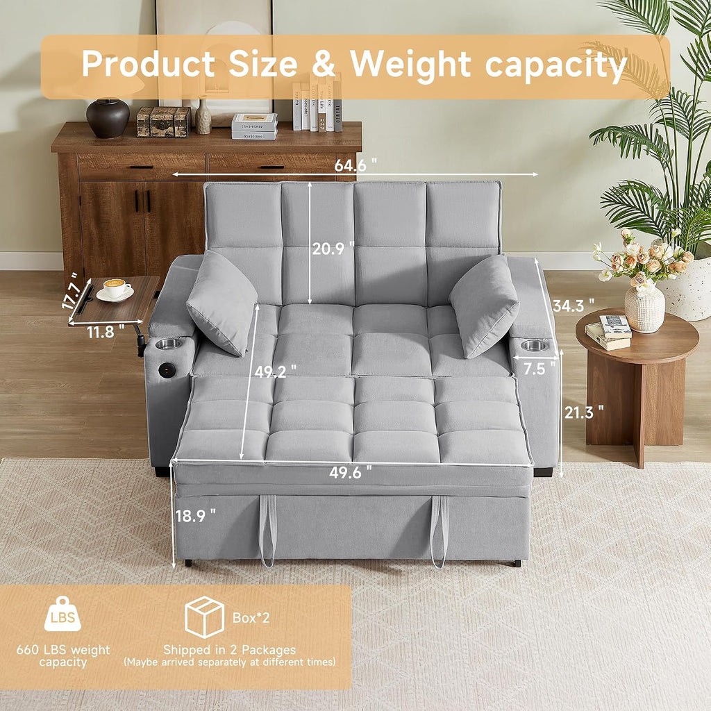 Auvsoce 65' Sleeper Sofa Bed Loveseat, Convertible Couch for Living Room, RV Sofa with Adjustable Backrest, Chaise Lounge, Side Table, USB & Type-C Ports