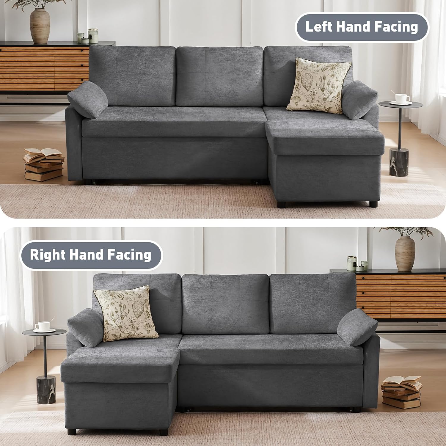Waxberry 85' L Shaped Sectional Sofa Couch, Pull Out Couch Sleeper Sofa Bed for Living Room, Modular Chenille Deep Seat Sofa, Reversible Chaise, Storage, Side Pockets & USB/Type-C Ports, Dark Gray