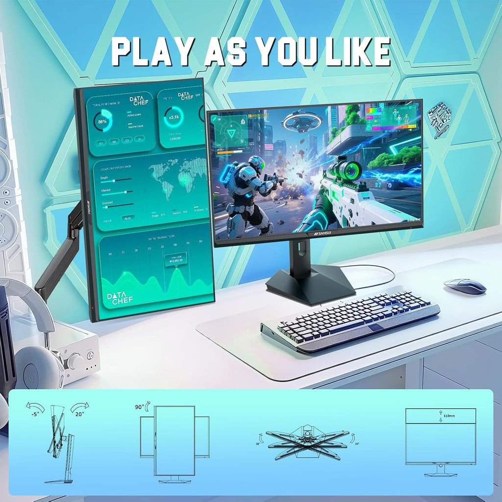SANSUI Gaming Monitor 27' 1440P 200Hz 180Hz WQHD 2560×1440-AMD FreeSync 1ms DCI-P3 95% Fast IPS Computer Monitor,Height Adjustable Vertical/Horizontal Rotating, 2×DisplayPort/HDMI 丨HDR丨Low Motion Blur