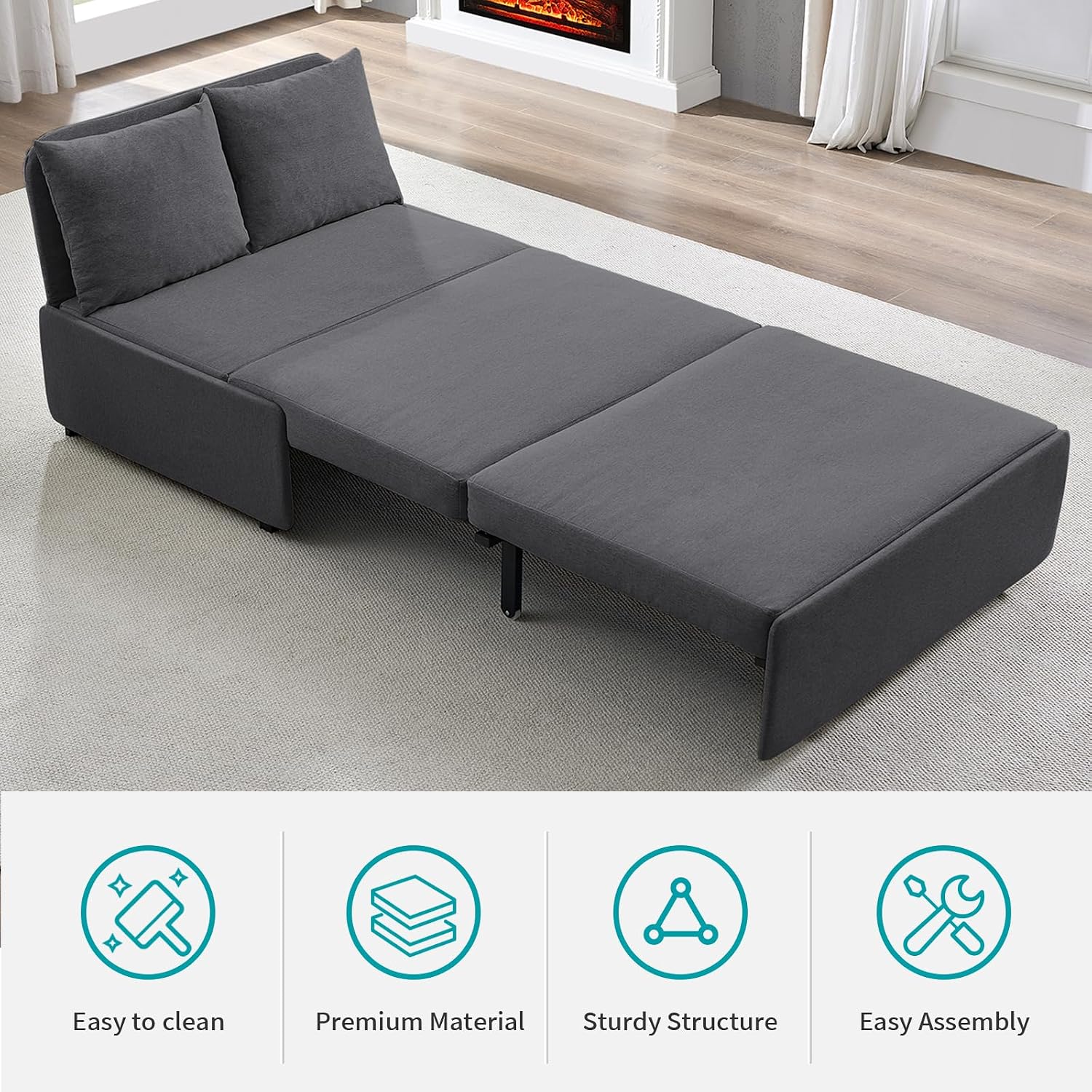 BALUS 43'W Twin Pull Out Sofa Bed Sleeper Couch with Pullout Beds, 2 in 1 Convertible Linen Sleepers Sofa Single Chair with Pillows and 3.9' Foldable Mattress for Small Space Apartment Loft, Dark Grey