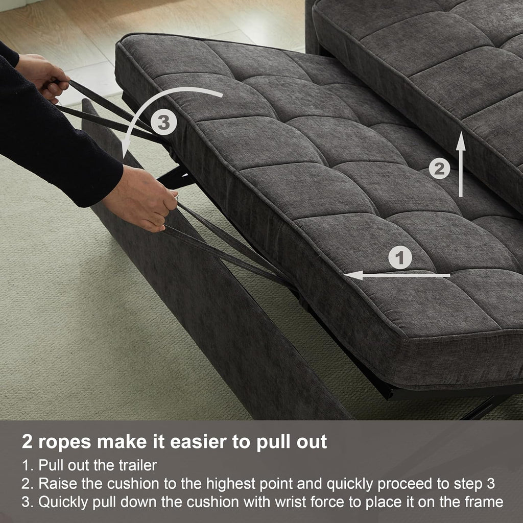 Tbfit 57' Convertible Sofa Bed, Chenille Futon Sleeper Sofa Couch with Pullout Bed, USB & Adjustable Backrest, Full Size Pull Out Loveseat Couches for Living Room, Apartment, Office, Dorm, Dark Grey