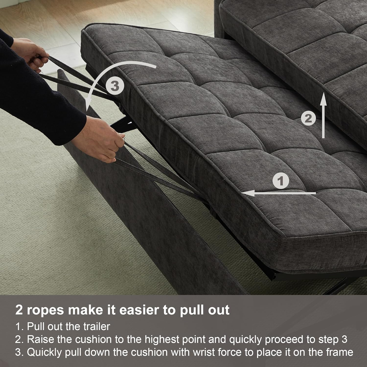 Tbfit 57' Convertible Sofa Bed, Chenille Futon Sleeper Sofa Couch with Pullout Bed, USB & Adjustable Backrest, Full Size Pull Out Loveseat Couches for Living Room, Apartment, Office, Dorm, Dark Grey