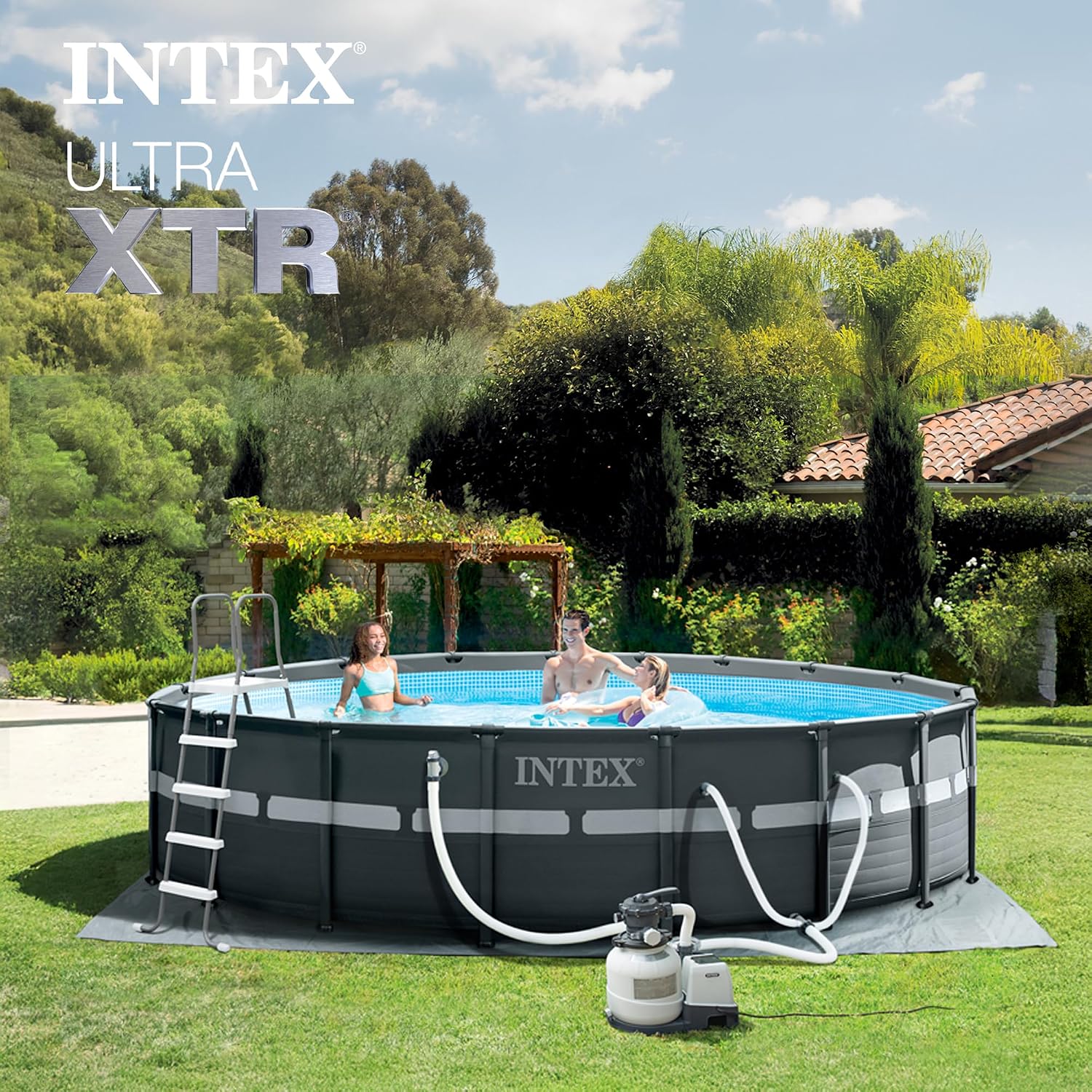 Intex Above Ground Swimming Pool Set, Ultra XTR 18' x 52' Round Frame Bundled with OptiFlow Premium Pure Silica Filter Pool Sand, 50 lb Bag