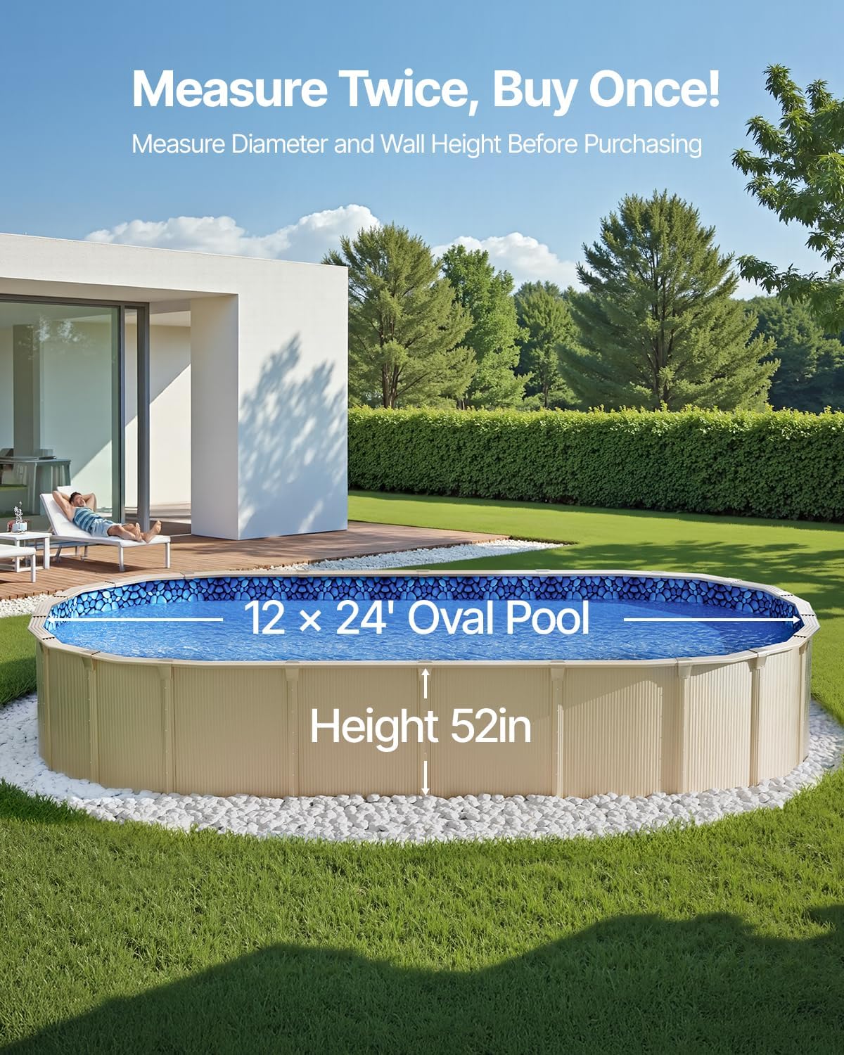 VEVOR 12 x 24 ft Oval Pool Liner, Unibead Above Ground Pool Liners, 52in Wall Height, Durable Standard Gauge Vinyl, Designed for Steel Sided Above-Ground Swimming Pools