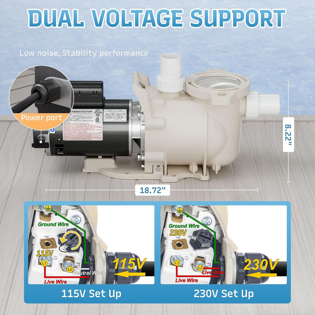 Single Speed Pool Pump 1.5HP, 115/208-230V, 6340GPH, In/Above Pool Pump, Low Nosie, High Flow, Powerful Self Primming Swimming Pool Pumps Inground with 2'/1.5' Fittings - 2 Year Warranty