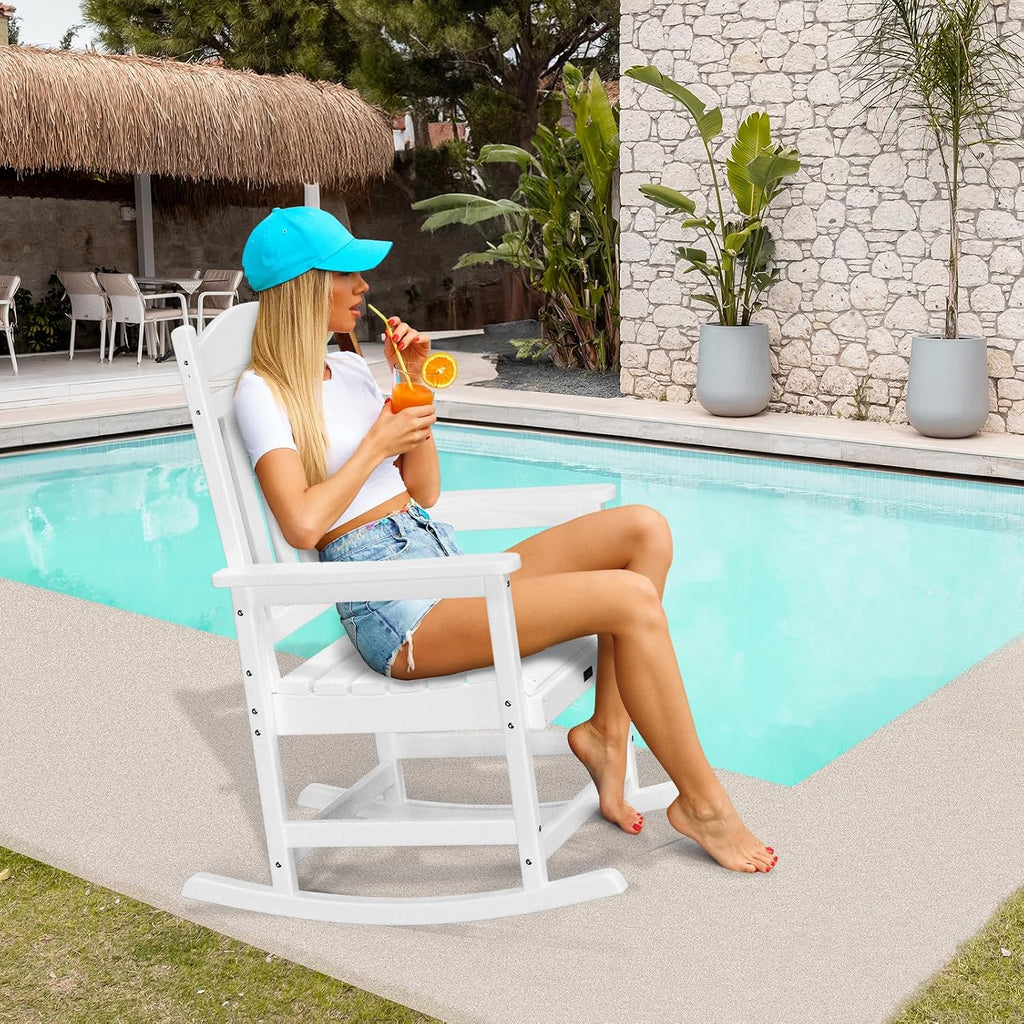 VINGLI Outdoor Rocking Chair Set of 2, Patio Rocking Chair with Higher Backrest, Outdoor Rocker with Comfortable Seat, All Weather Rocking Chair for Garden, Yard, Balcony, White
